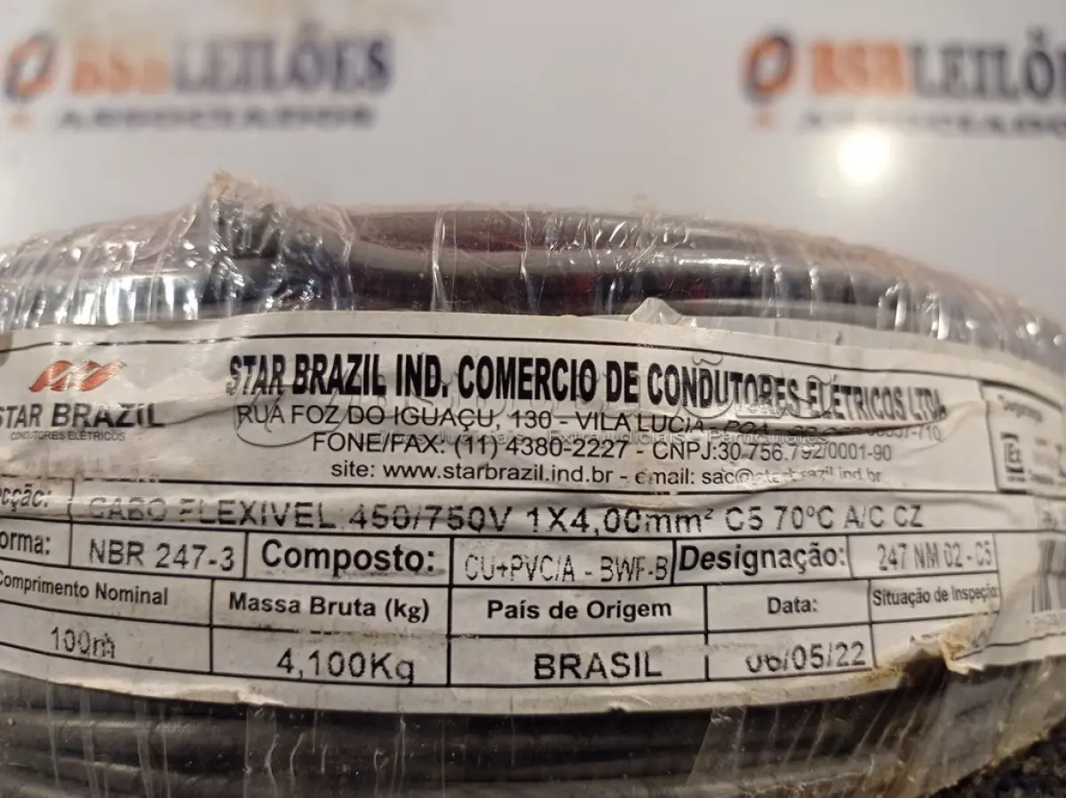 LOTE 230 - 01 ROLO DE CABO FLEXÍVEL 100M 1X4MM NA COR CINZA(NOVO). (NO ESTADO) ATENÇÃO! FAZER A VISITAÇÃO ANTES DE ARREMATAR, NÃO SABEMOS SE FUNCIONA. LEILÃO NÃO TEM GARANTIA E NEM DEVOLUÇÃO, SUJEITO A POSSÍVEIS AVARIAS VISÍVEIS/OCULTAS E/OU AUSÊNCIA DE COMPONENTES.