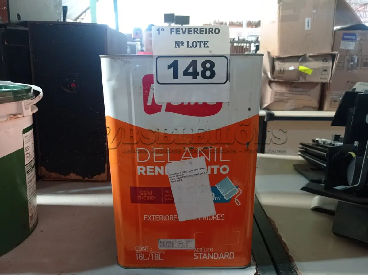 LOTE 148 - 01 LATA DE TINTA IQUINE DELANIL RENDE MUITO 18L FOSCO BASE “C”. (NO ESTADO) ATENÇÃO! FAZER A VISITAÇÃO ANTES DE ARREMATAR, NÃO SABEMOS SE FUNCIONA. LEILÃO NÃO TEM GARANTIA E NEM DEVOLUÇÃO, SUJEITO A POSSÍVEIS AVARIAS VISÍVEIS/OCULTAS E/OU AUSÊNCIA DE COMPONENTES.