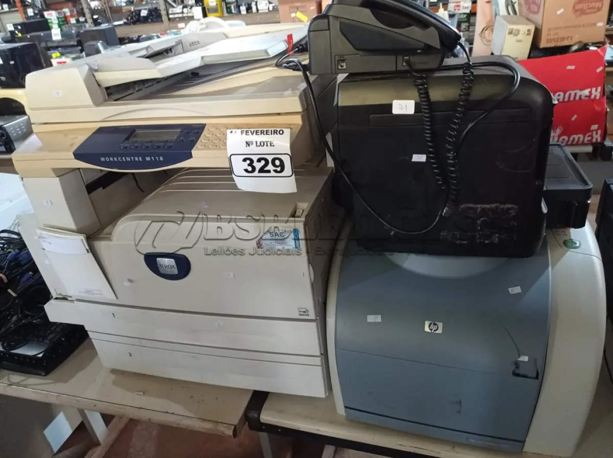 LOTE 329 - 01 APARELHO DE FAX E 05 IMPRESSORAS MARCAS E MODELOS DIVERSOS PARA RETIRADA DE PEÇAS. (NO ESTADO) ATENÇÃO! FAZER A VISITAÇÃO ANTES DE ARREMATAR, NÃO SABEMOS SE FUNCIONA. LEILÃO NÃO TEM GARANTIA E NEM DEVOLUÇÃO, SUJEITO A POSSÍVEIS AVARIAS VISÍVEIS/OCULTAS E/OU AUSÊNCIA DE COMPONENTES.