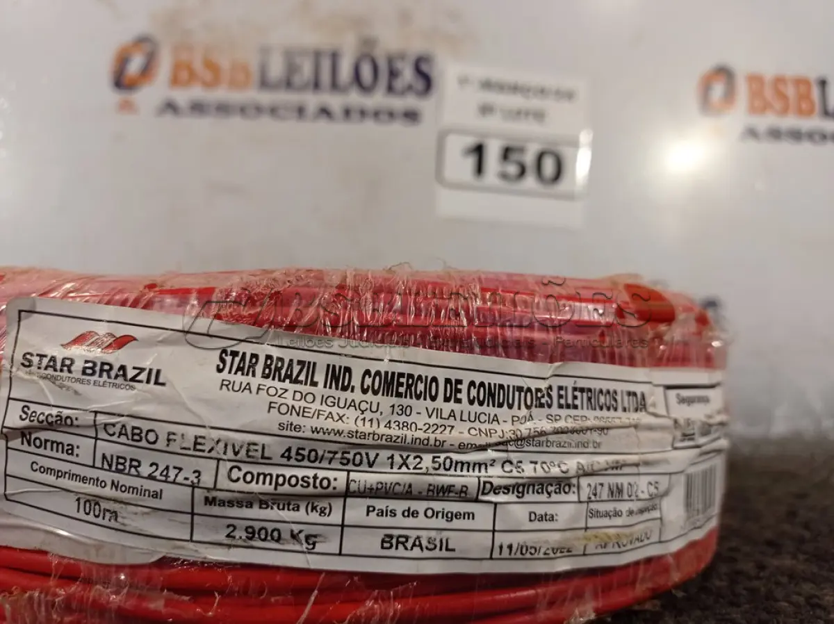 LOTE 150 - 01 ROLO DE CABO FLEXÍVEL 100M 1X2,5MM NA COR VERMELHA (NOVO). (NO ESTADO) ATENÇÃO! FAZER A VISITAÇÃO ANTES DE ARREMATAR, NÃO SABEMOS SE FUNCIONA. LEILÃO NÃO TEM GARANTIA E NEM DEVOLUÇÃO, SUJEITO A POSSÍVEIS AVARIAS VISÍVEIS/OCULTAS E/OU AUSÊNCIA DE COMPONENTES.