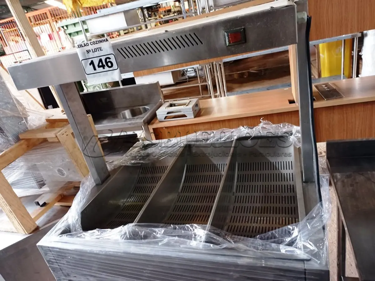 LOTE 146 - 01 AQUECEDOR DE BATATAS/SALGADOS INDUSTRIAL EM AÇO INOX COM 03 BOJOS PARA FEST FOOD. (NO ESTADO, NÃO SABEMOS SE FUNCIONA. LEILÃO NÃO TEM GARANTIA E NEM DEVOLUÇÃO).