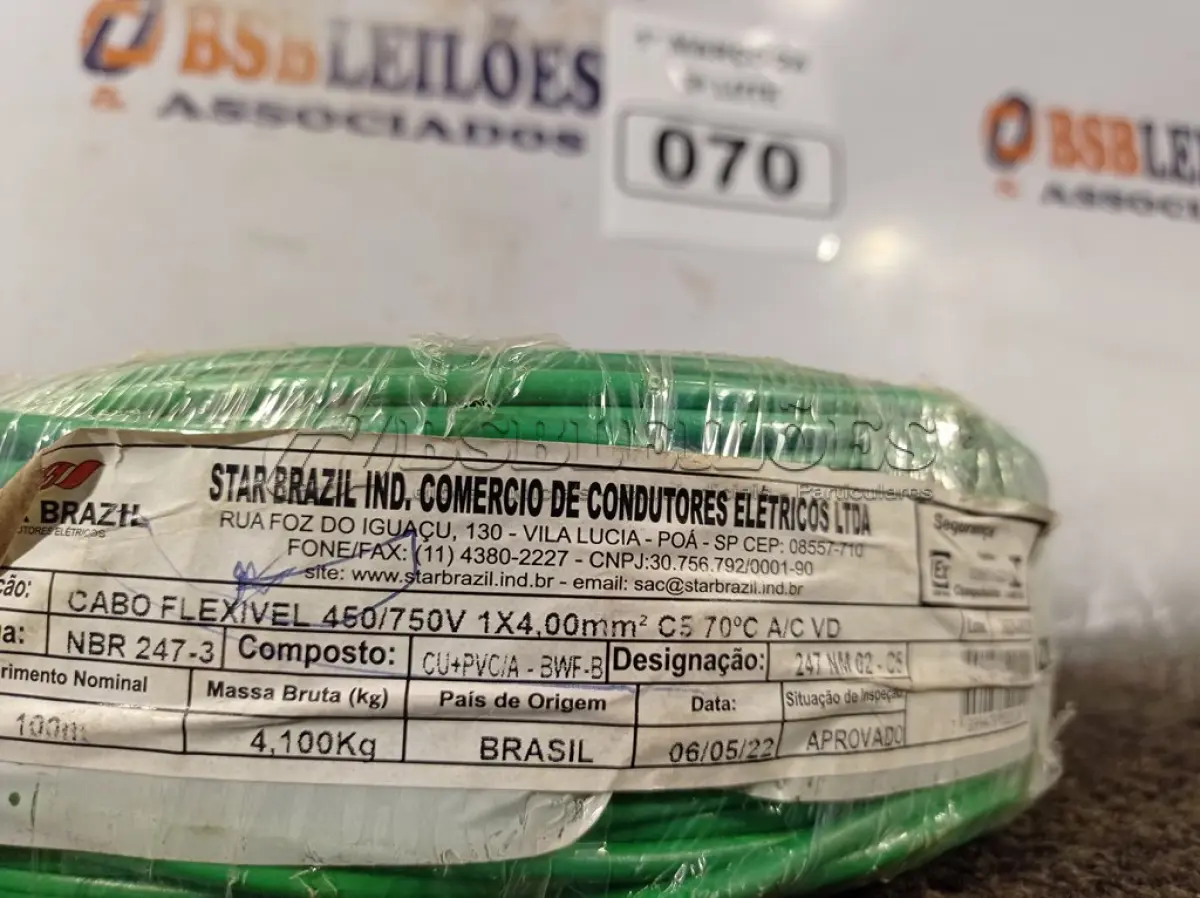LOTE 070 - 01 ROLO DE CABO FLEXÍVEL 100M 1X4MM NA COR VERDE (NOVO). (NO ESTADO) ATENÇÃO! FAZER A VISITAÇÃO ANTES DE ARREMATAR, NÃO SABEMOS SE FUNCIONA. LEILÃO NÃO TEM GARANTIA E NEM DEVOLUÇÃO, SUJEITO A POSSÍVEIS AVARIAS VISÍVEIS/OCULTAS E/OU AUSÊNCIA DE COMPONENTES.