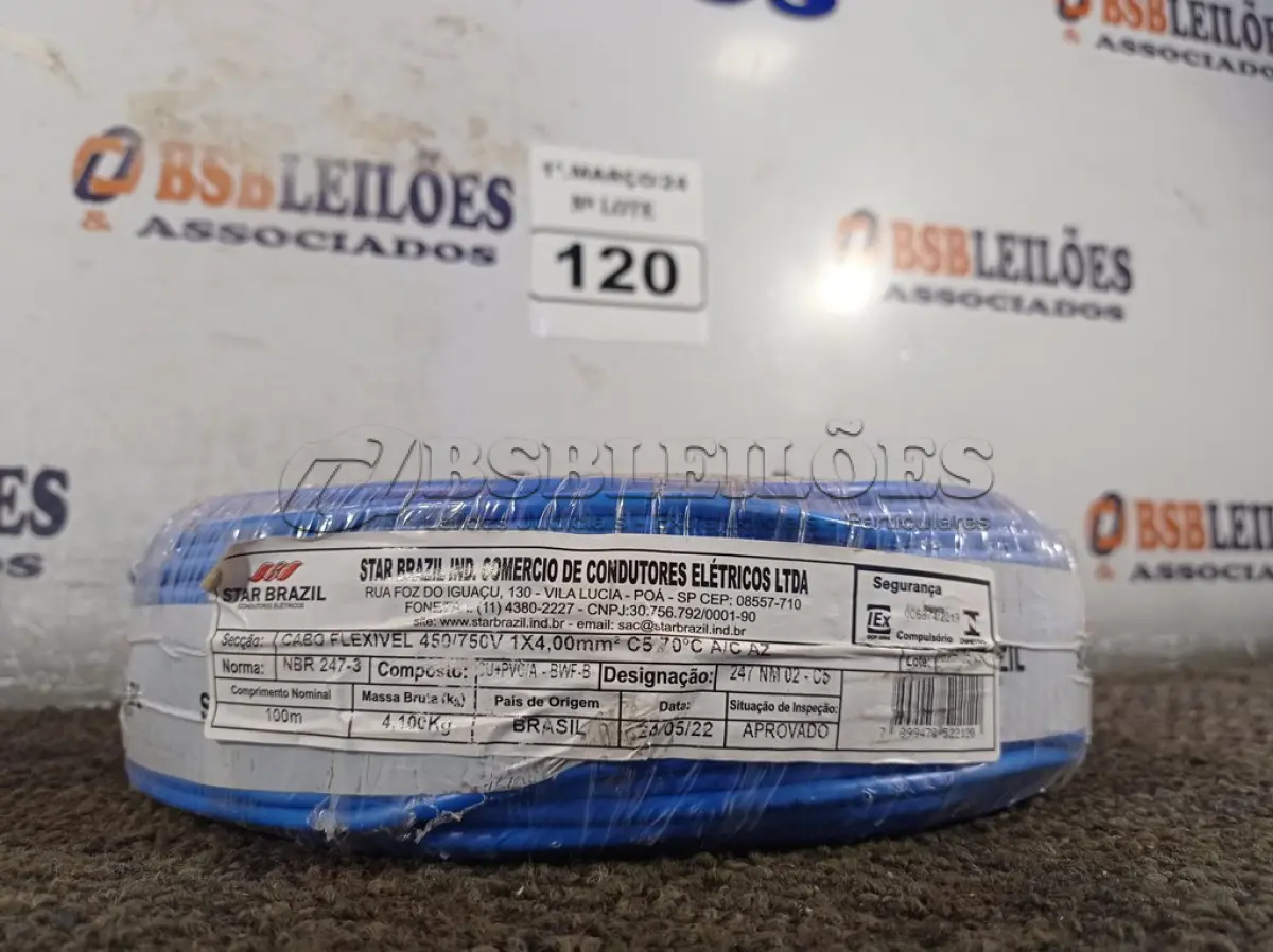 LOTE 120 - 01 ROLO DE CABO FLEXÍVEL 100M 1X4MM NA COR AZUL (NOVO). (NO ESTADO) ATENÇÃO! FAZER A VISITAÇÃO ANTES DE ARREMATAR, NÃO SABEMOS SE FUNCIONA. LEILÃO NÃO TEM GARANTIA E NEM DEVOLUÇÃO, SUJEITO A POSSÍVEIS AVARIAS VISÍVEIS/OCULTAS E/OU AUSÊNCIA DE COMPONENTES.