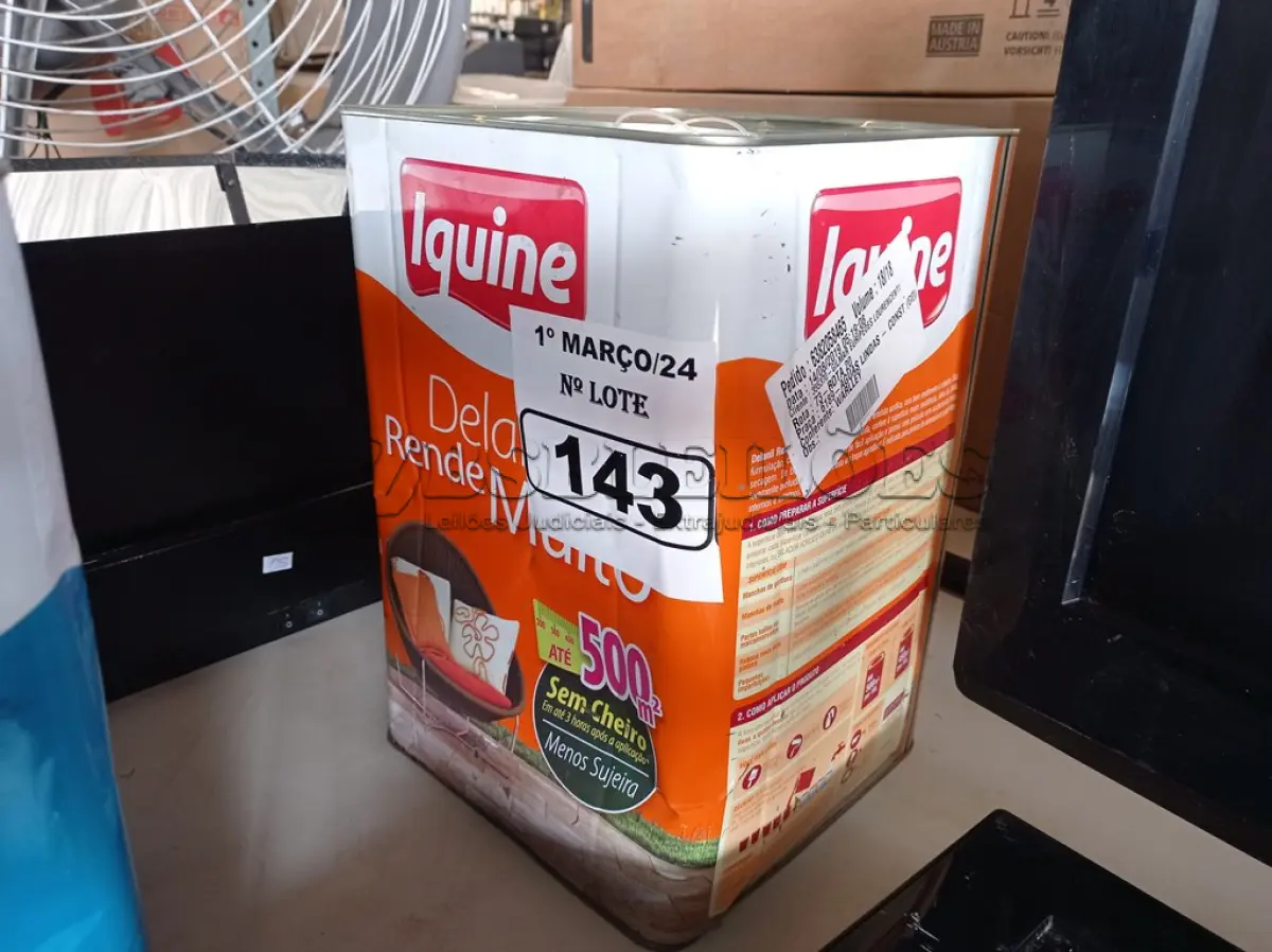 LOTE 143 - 01 LATA DE TINTA IQUINE DELANIL RENDE MUITO 18L FOSCO BASE “C”. (NO ESTADO) ATENÇÃO! FAZER A VISITAÇÃO ANTES DE ARREMATAR, NÃO SABEMOS SE FUNCIONA. LEILÃO NÃO TEM GARANTIA E NEM DEVOLUÇÃO, SUJEITO A POSSÍVEIS AVARIAS VISÍVEIS/OCULTAS E/OU AUSÊNCIA DE COMPONENTES.
