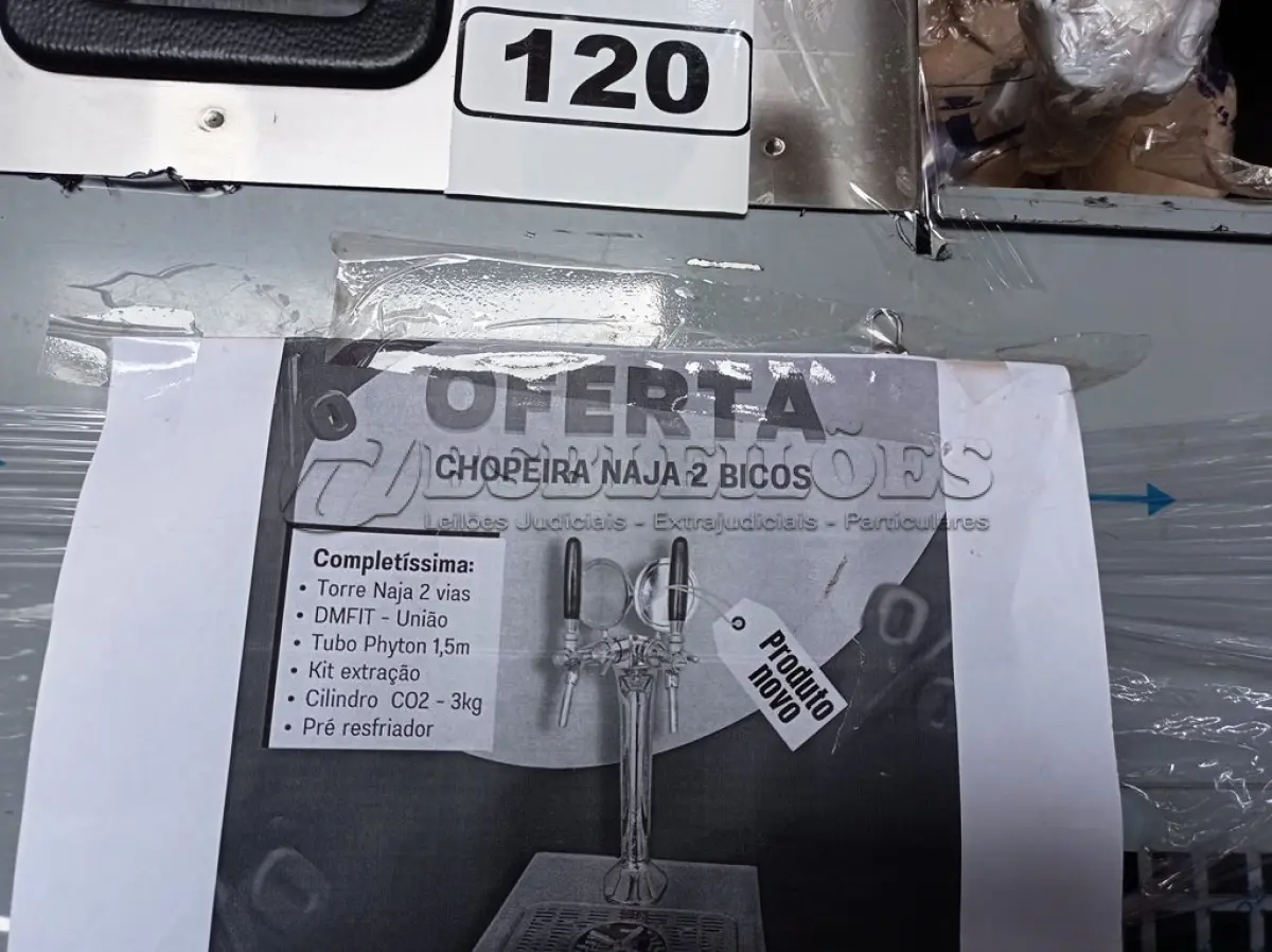 LOTE 120 - 01 CHOPEIRA NAJA 02 BICOS, COMPLETA: DMFIT-UNIÃO, TUBO PHYTON 1,5M, KIT EXTRAÇÃO, CILINDRO CO2 DE 03 KG CHEIO, PRÉ RESFRIADOR PRODUTO NOVO. (NO ESTADO. LEILÃO NÃO TEM GARANTIA E NEM DEVOLUÇÃO).