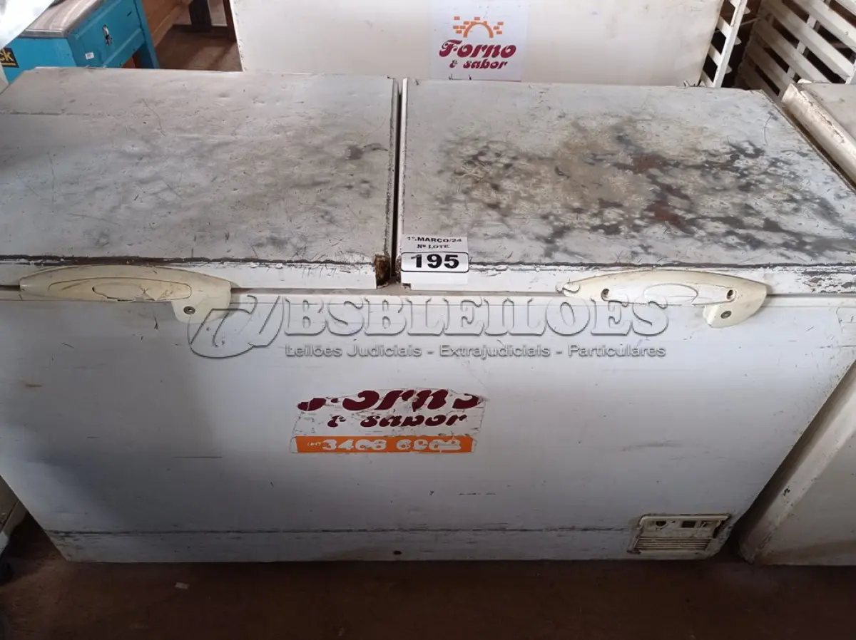 LOTE 195 - 01 FREEZER HORIZONTAL 02 TAMPAS 220V. (NO ESTADO) ATENÇÃO! FAZER A VISITAÇÃO ANTES DE ARREMATAR, NÃO SABEMOS SE FUNCIONA. LEILÃO NÃO TEM GARANTIA E NEM DEVOLUÇÃO, SUJEITO A POSSÍVEIS AVARIAS VISÍVEIS/OCULTAS E/OU AUSÊNCIA DE COMPONENTES.