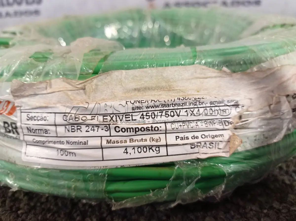 LOTE 180 - 01 ROLO DE CABO FLEXÍVEL 100M 1X4MM NA COR VERDE (NOVO). (NO ESTADO) ATENÇÃO! FAZER A VISITAÇÃO ANTES DE ARREMATAR, NÃO SABEMOS SE FUNCIONA. LEILÃO NÃO TEM GARANTIA E NEM DEVOLUÇÃO, SUJEITO A POSSÍVEIS AVARIAS VISÍVEIS/OCULTAS E/OU AUSÊNCIA DE COMPONENTES.