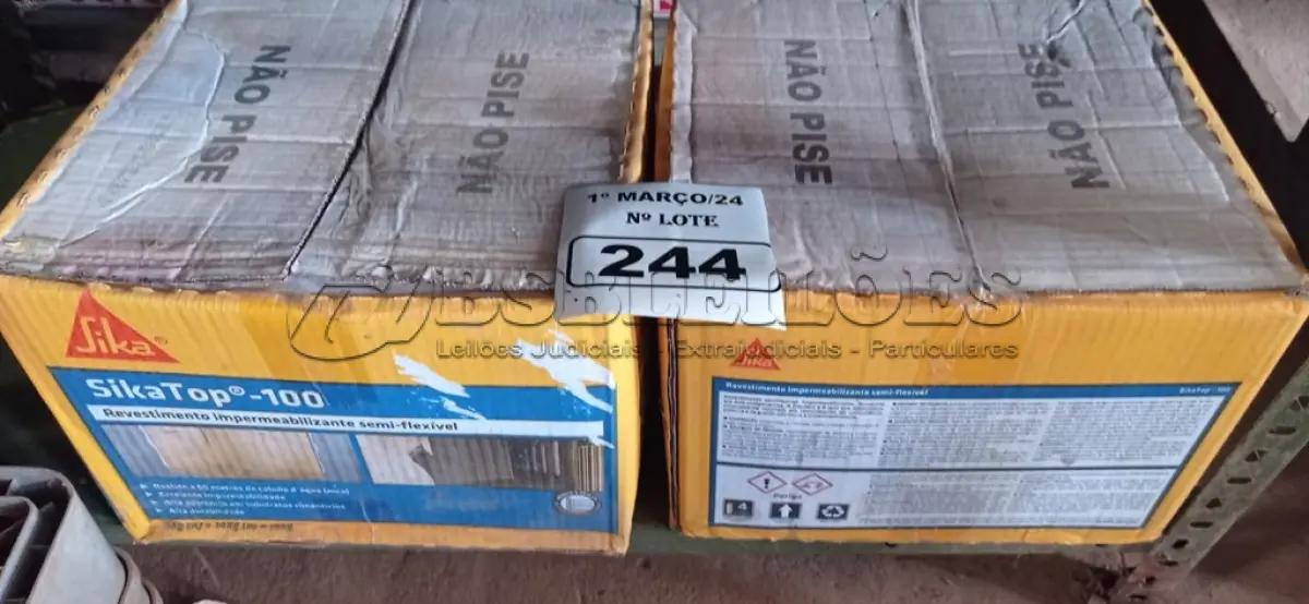 LOTE 244 - 02 CAIXAS DE SIKA TOP-100, REVESTIMENTO IMPERMEABILIZANTE SEMI-FLEXIVEL 18KG. (NO ESTADO) ATENÇÃO! FAZER A VISITAÇÃO ANTES DE ARREMATAR, NÃO SABEMOS SE FUNCIONA. LEILÃO NÃO TEM GARANTIA E NEM DEVOLUÇÃO, SUJEITO A POSSÍVEIS AVARIAS VISÍVEIS/OCULTAS E/OU AUSÊNCIA DE COMPONENTES.