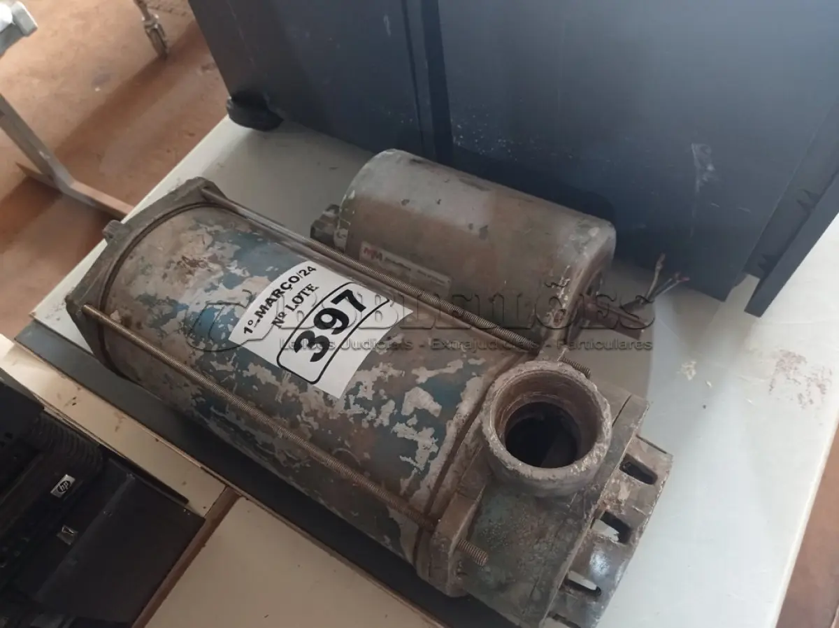 LOTE 397 - 01 MOTOR ELÉTRICOS E 01 BOMBA D’AGUA. (NO ESTADO) ATENÇÃO! FAZER A VISITAÇÃO ANTES DE ARREMATAR, NÃO SABEMOS SE FUNCIONA. LEILÃO NÃO TEM GARANTIA E NEM DEVOLUÇÃO, SUJEITO A POSSÍVEIS AVARIAS VISÍVEIS/OCULTAS E/OU AUSÊNCIA DE COMPONENTES.
