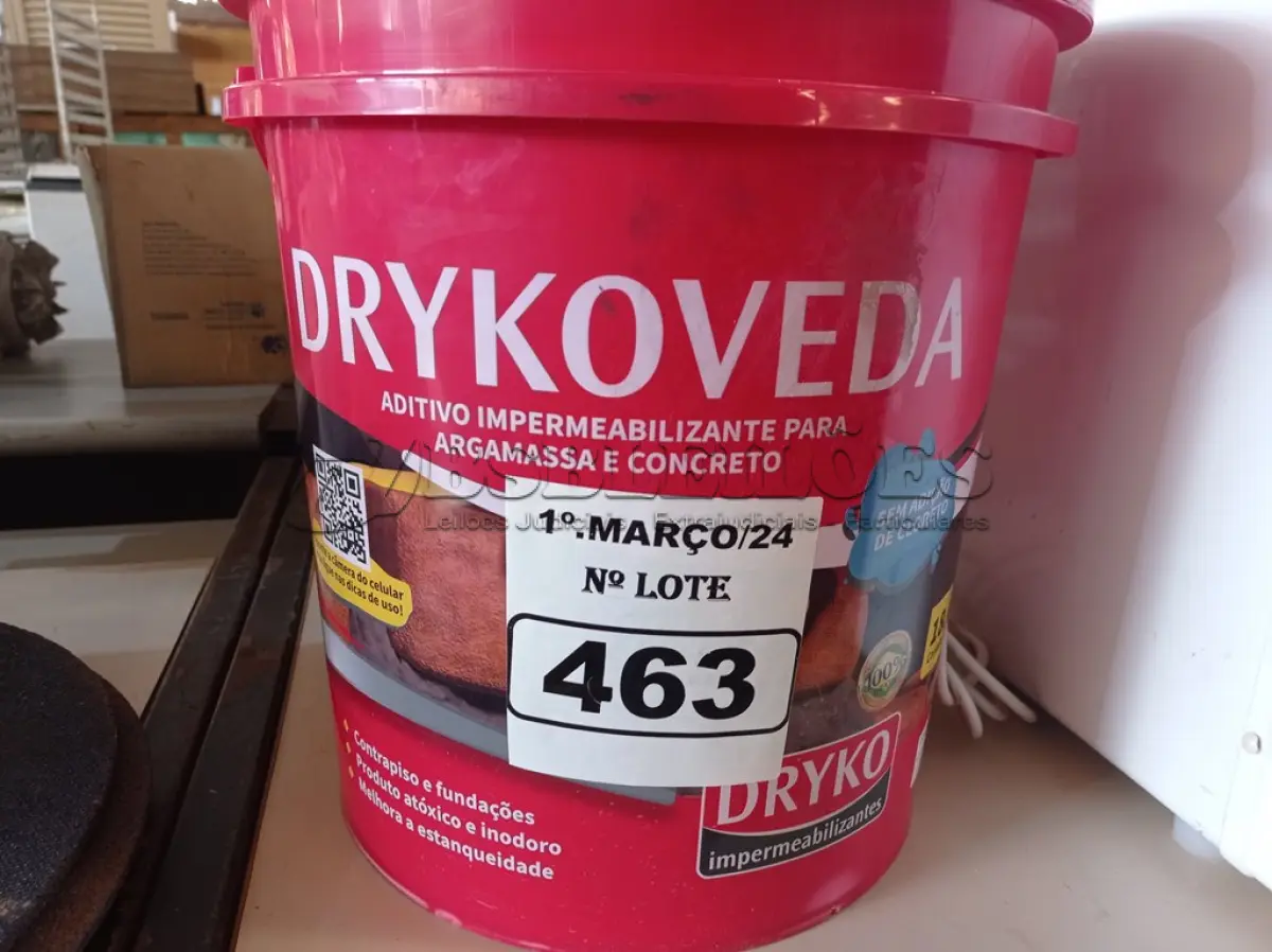 LOTE 463 - 01 BALDE DE DRYKOVEDA, ADITIVO IMPERMEABILIZANTE PARA ARGAMASSA E CONCRETO 18L. (NO ESTADO) ATENÇÃO! FAZER A VISITAÇÃO ANTES DE ARREMATAR, NÃO SABEMOS SE FUNCIONA. LEILÃO NÃO TEM GARANTIA E NEM DEVOLUÇÃO, SUJEITO A POSSÍVEIS AVARIAS VISÍVEIS/OCULTAS E/OU AUSÊNCIA DE COMPONENTES.