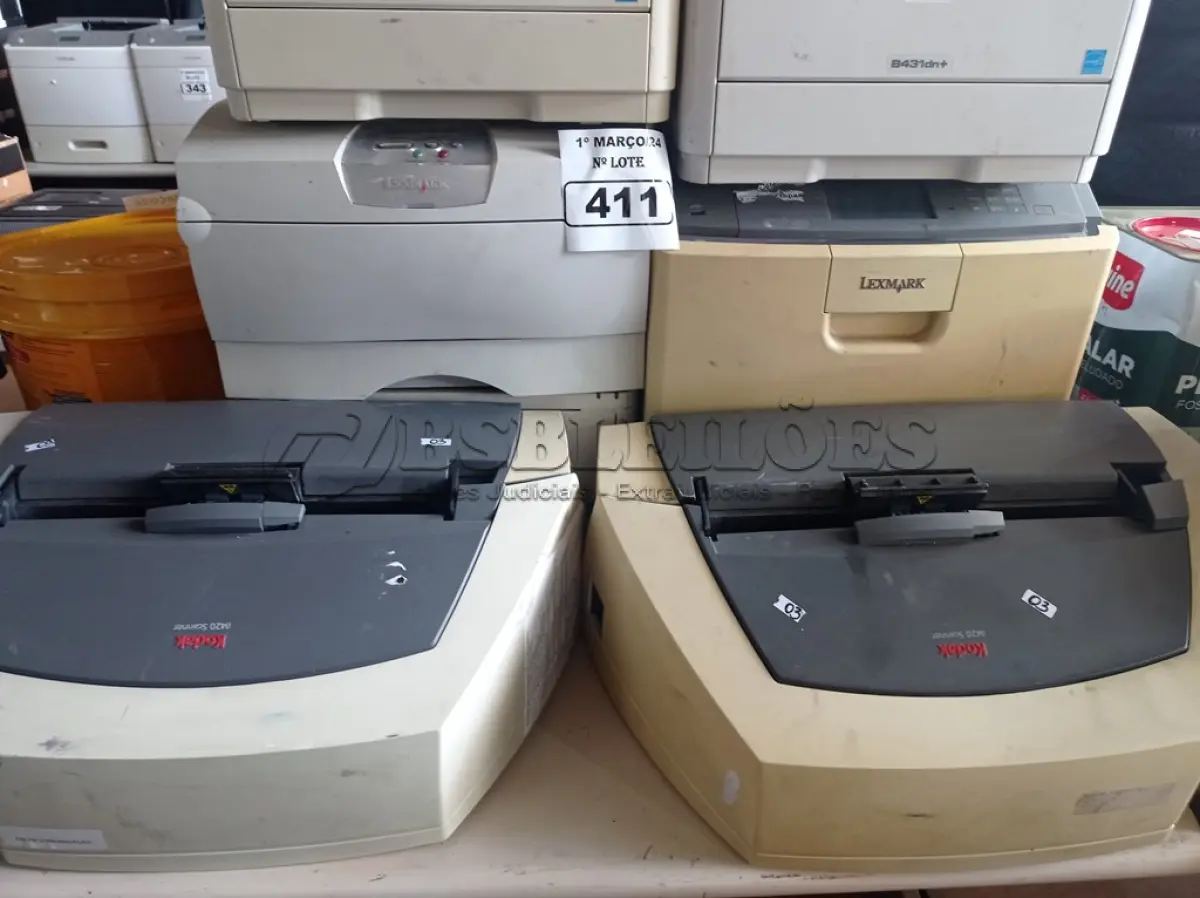 LOTE 411 - 06 IMPRESSORAS E 01 SCANNER MARCAS E MODELOS DIVERSOS. (NO ESTADO) ATENÇÃO! FAZER A VISITAÇÃO ANTES DE ARREMATAR, NÃO SABEMOS SE FUNCIONA. LEILÃO NÃO TEM GARANTIA E NEM DEVOLUÇÃO, SUJEITO A POSSÍVEIS AVARIAS VISÍVEIS/OCULTAS E/OU AUSÊNCIA DE COMPONENTES.
