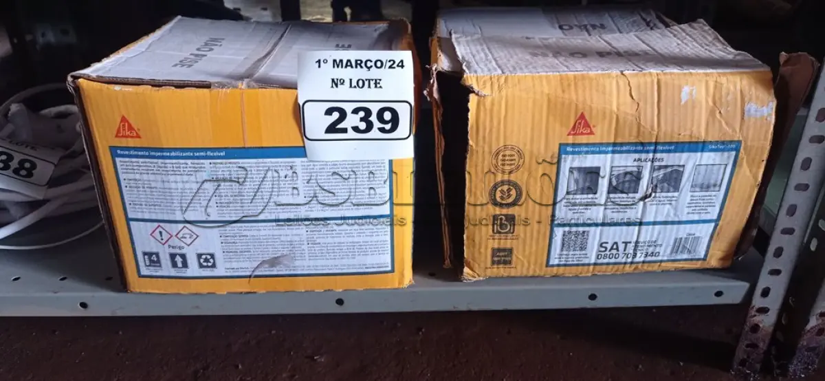 LOTE 239 - 02 CAIXAS DE SIKA TOP-100, REVESTIMENTO IMPERMEABILIZANTE SEMI-FLEXIVEL 18KG. (NO ESTADO) ATENÇÃO! FAZER A VISITAÇÃO ANTES DE ARREMATAR, NÃO SABEMOS SE FUNCIONA. LEILÃO NÃO TEM GARANTIA E NEM DEVOLUÇÃO, SUJEITO A POSSÍVEIS AVARIAS VISÍVEIS/OCULTAS E/OU AUSÊNCIA DE COMPONENTES.