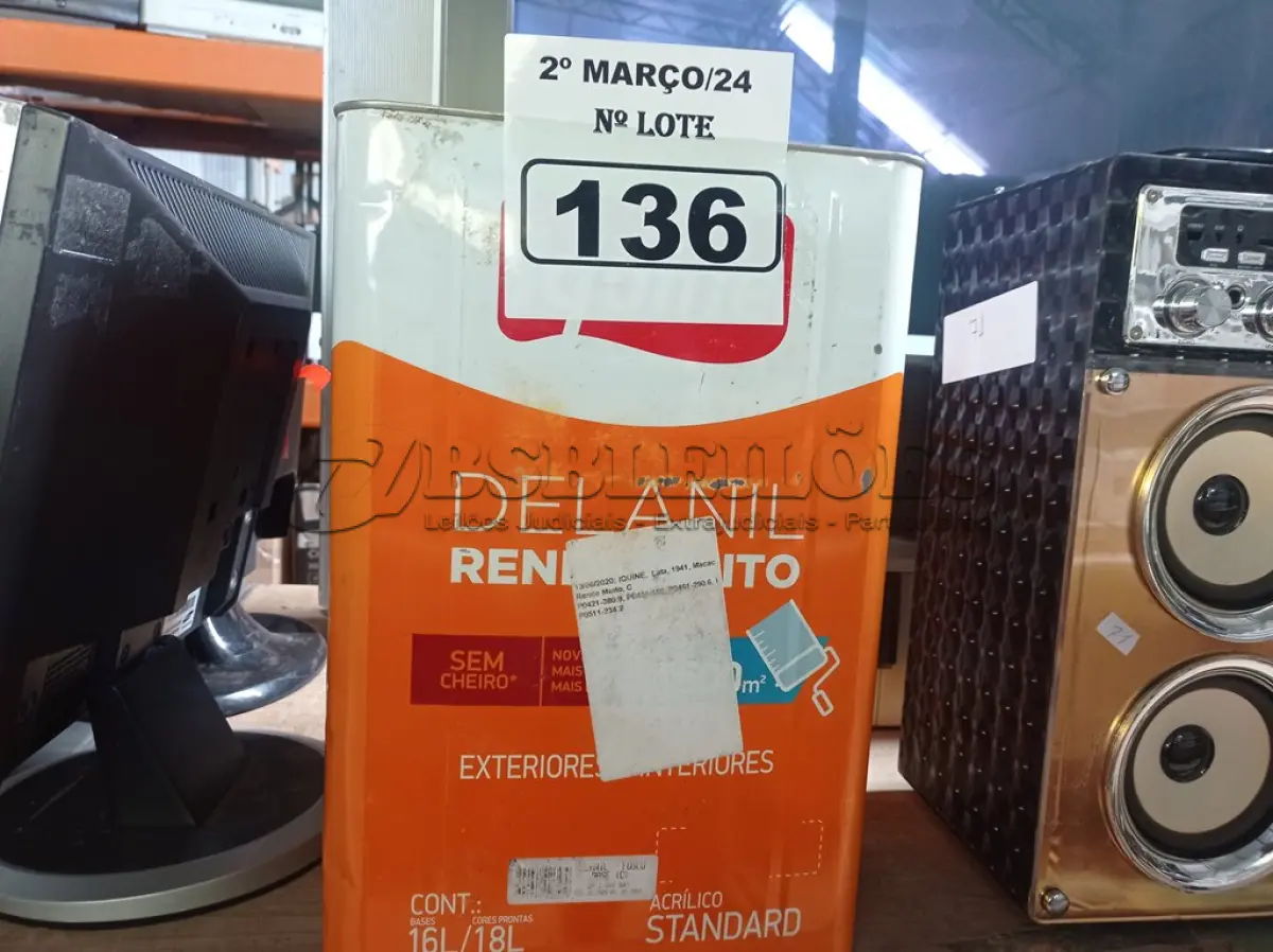 LOTE 136 - 01 LATA DE TINTA IQUINE DELANIL RENDE MUITO 18L FOSCO BASE “C”. (NO ESTADO) ATENÇÃO! FAZER A VISITAÇÃO ANTES DE ARREMATAR, NÃO SABEMOS SE FUNCIONA. LEILÃO NÃO TEM GARANTIA E NEM DEVOLUÇÃO, SUJEITO A POSSÍVEIS AVARIAS VISÍVEIS/OCULTAS E/OU AUSÊNCIA DE COMPONENTES.