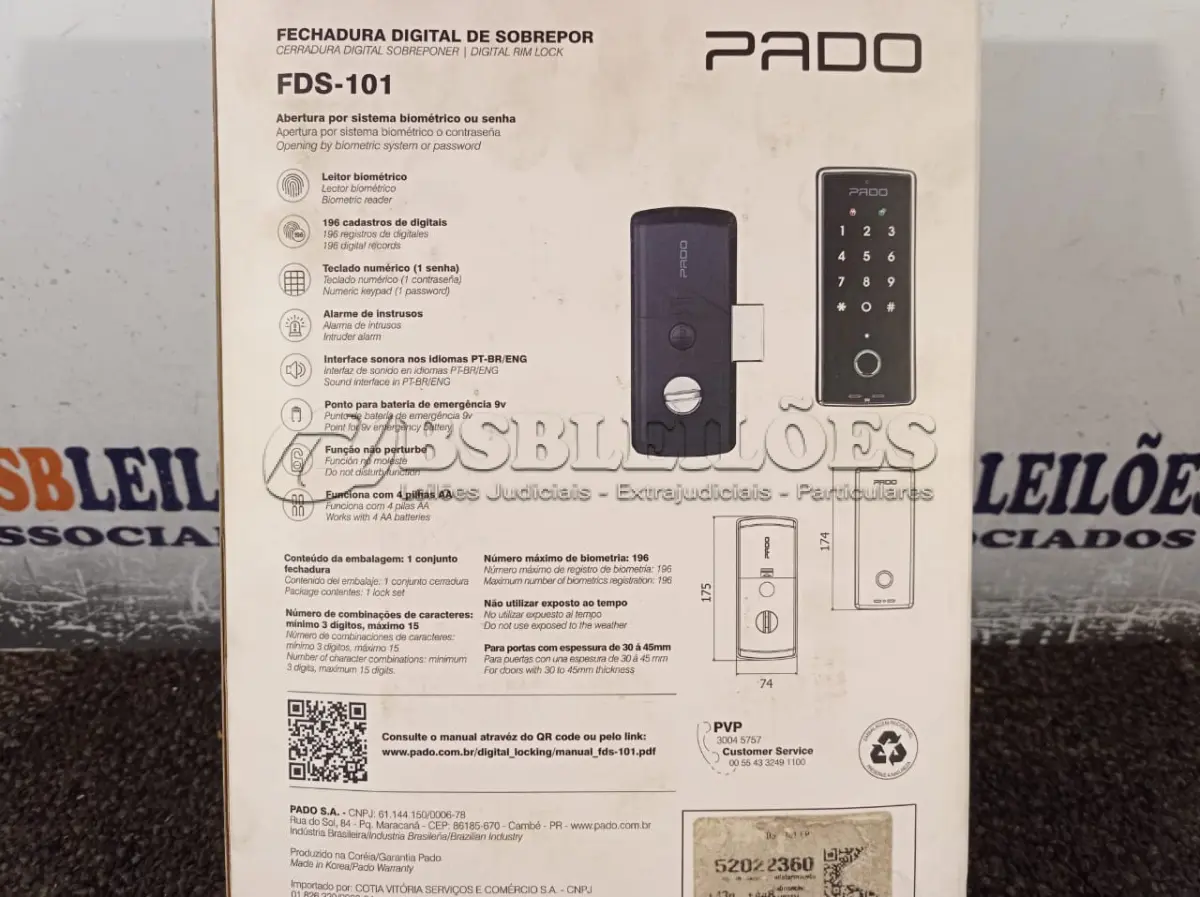 LOTE 020 - 01 FECHADURA DIGITAL FDS-101 EP MARCA PADO. (NOVO) (NO ESTADO) ATENÇÃO! FAZER A VISITAÇÃO ANTES DE ARREMATAR, NÃO SABEMOS SE FUNCIONA. LEILÃO NÃO TEM GARANTIA E NEM DEVOLUÇÃO, SUJEITO A POSSÍVEIS AVARIAS VISÍVEIS/OCULTAS E/OU AUSÊNCIA DE COMPONENTES.
