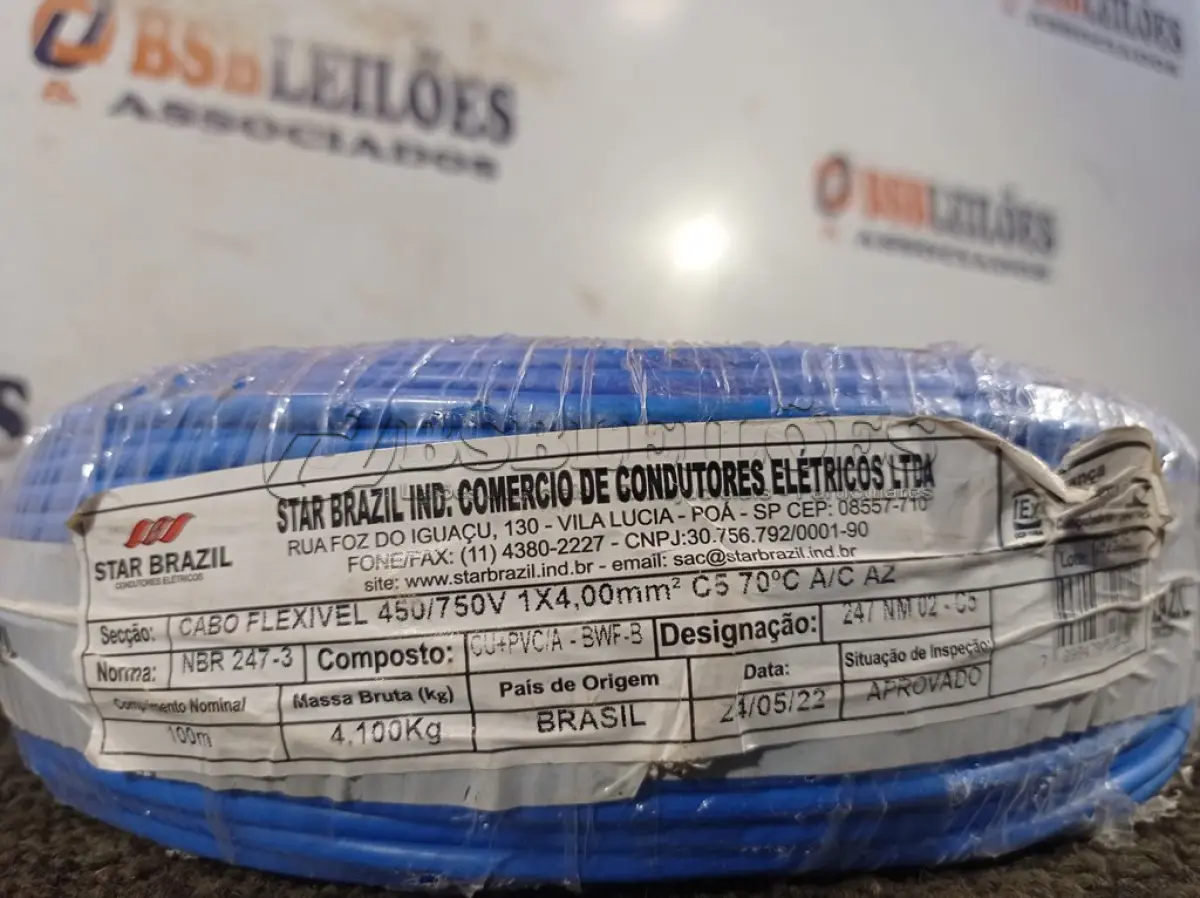 LOTE 160 - 01 ROLO DE CABO FLEXÍVEL 100M 1X4MM NA COR AZUL(NOVO). (NO ESTADO) ATENÇÃO! FAZER A VISITAÇÃO ANTES DE ARREMATAR, NÃO SABEMOS SE FUNCIONA. LEILÃO NÃO TEM GARANTIA E NEM DEVOLUÇÃO, SUJEITO A POSSÍVEIS AVARIAS VISÍVEIS/OCULTAS E/OU AUSÊNCIA DE COMPONENTES.