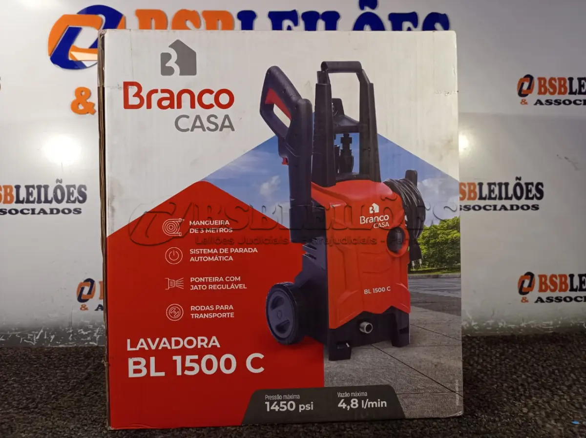 LOTE 155 - 01 LAVADORA DE ALTA PRESSÃO ELETRICA, PRESSÃO MÁXIMA 1450PSI E VAZÃO MÁXIMA DE 4,8I/MIN, MODELO BL 1500C MARCA BRANCO CASA. (NOVO) (NO ESTADO) ATENÇÃO! FAZER A VISITAÇÃO ANTES DE ARREMATAR, NÃO SABEMOS SE FUNCIONA. LEILÃO NÃO TEM GARANTIA E NEM DEVOLUÇÃO, SUJEITO A POSSÍVEIS AVARIAS VISÍVEIS/OCULTAS E/OU AUSÊNCIA DE COMPONENTES.