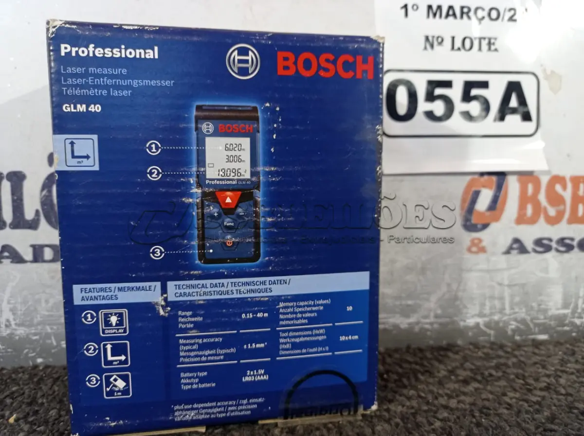 LOTE 055 - 01 TRENA A LASER GLM 40 MARCA BOSCH. (NOVO) (NO ESTADO) ATENÇÃO! FAZER A VISITAÇÃO ANTES DE ARREMATAR, NÃO SABEMOS SE FUNCIONA. LEILÃO NÃO TEM GARANTIA E NEM DEVOLUÇÃO, SUJEITO A POSSÍVEIS AVARIAS VISÍVEIS/OCULTAS E/OU AUSÊNCIA DE COMPONENTES.