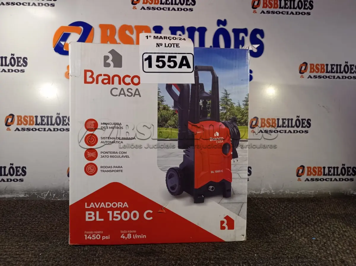 LOTE 155 - 01 LAVADORA DE ALTA PRESSÃO ELETRICA, PRESSÃO MÁXIMA 1450PSI E VAZÃO MÁXIMA DE 4,8I/MIN, MODELO BL 1500C MARCA BRANCO CASA. (NOVO) (NO ESTADO) ATENÇÃO! FAZER A VISITAÇÃO ANTES DE ARREMATAR, NÃO SABEMOS SE FUNCIONA. LEILÃO NÃO TEM GARANTIA E NEM DEVOLUÇÃO, SUJEITO A POSSÍVEIS AVARIAS VISÍVEIS/OCULTAS E/OU AUSÊNCIA DE COMPONENTES.