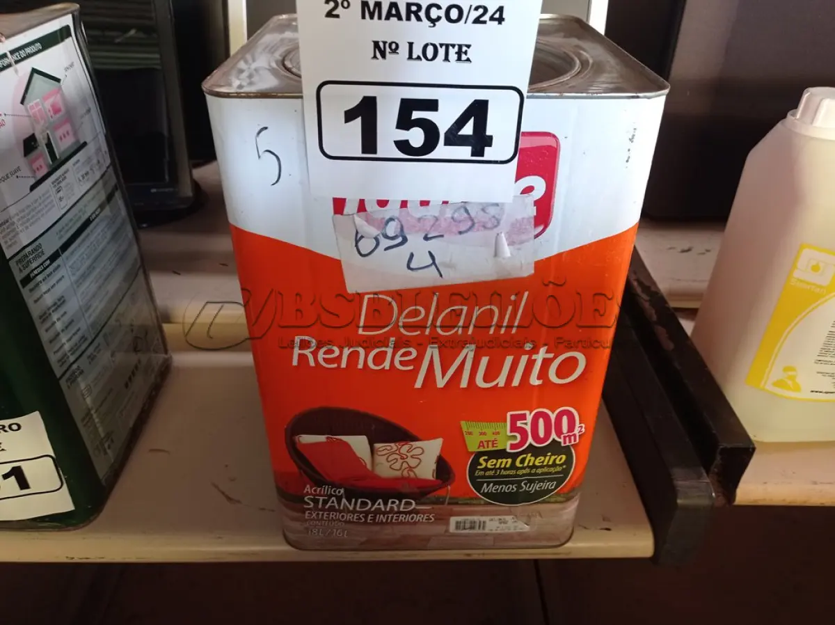 LOTE 154 - 01 LATA DE TINTA IQUINE DELANIL RENDE MUITO 18L FOSCO BASE “M”. (NO ESTADO) ATENÇÃO! FAZER A VISITAÇÃO ANTES DE ARREMATAR, NÃO SABEMOS SE FUNCIONA. LEILÃO NÃO TEM GARANTIA E NEM DEVOLUÇÃO, SUJEITO A POSSÍVEIS AVARIAS VISÍVEIS/OCULTAS E/OU AUSÊNCIA DE COMPONENTES.
