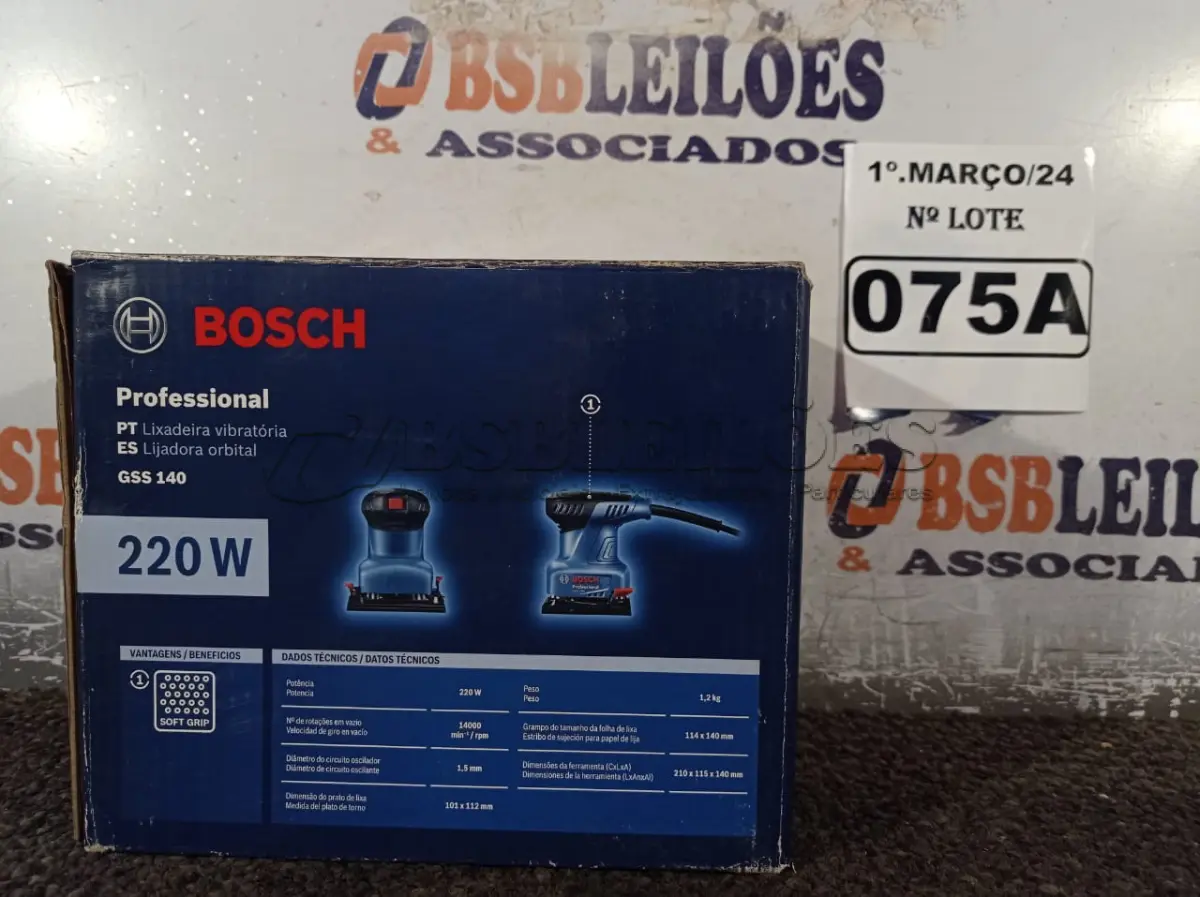 LOTE 075 - 01 LIXADEIRA VIBRATÓRIA GSS 140 220W MARCA BOSCH.  (NOVO) (NO ESTADO) ATENÇÃO! FAZER A VISITAÇÃO ANTES DE ARREMATAR, NÃO SABEMOS SE FUNCIONA. LEILÃO NÃO TEM GARANTIA E NEM DEVOLUÇÃO, SUJEITO A POSSÍVEIS AVARIAS VISÍVEIS/OCULTAS E/OU AUSÊNCIA DE COMPONENTES.