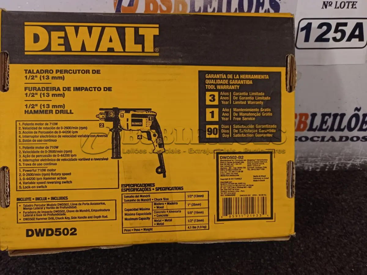 LOTE 125 - 01 FURADEIRA DE IMPACTO 710W DE ½”(13MM) MODELO DWD502 MARCA DEWALT. (NOVO) (NO ESTADO) ATENÇÃO! FAZER A VISITAÇÃO ANTES DE ARREMATAR, NÃO SABEMOS SE FUNCIONA. LEILÃO NÃO TEM GARANTIA E NEM DEVOLUÇÃO, SUJEITO A POSSÍVEIS AVARIAS VISÍVEIS/OCULTAS E/OU AUSÊNCIA DE COMPONENTES.