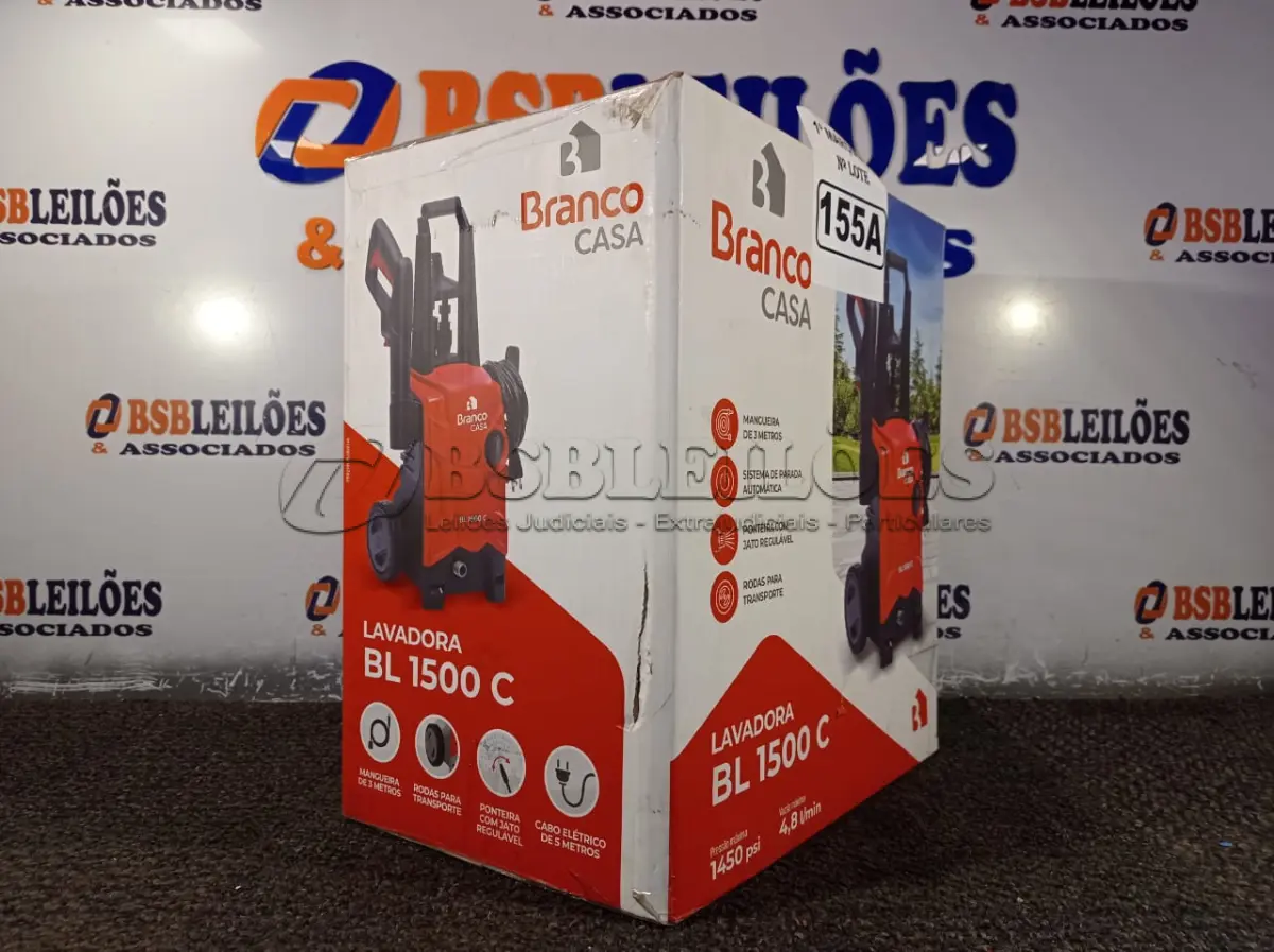 LOTE 155 - 01 LAVADORA DE ALTA PRESSÃO ELETRICA, PRESSÃO MÁXIMA 1450PSI E VAZÃO MÁXIMA DE 4,8I/MIN, MODELO BL 1500C MARCA BRANCO CASA. (NOVO) (NO ESTADO) ATENÇÃO! FAZER A VISITAÇÃO ANTES DE ARREMATAR, NÃO SABEMOS SE FUNCIONA. LEILÃO NÃO TEM GARANTIA E NEM DEVOLUÇÃO, SUJEITO A POSSÍVEIS AVARIAS VISÍVEIS/OCULTAS E/OU AUSÊNCIA DE COMPONENTES.