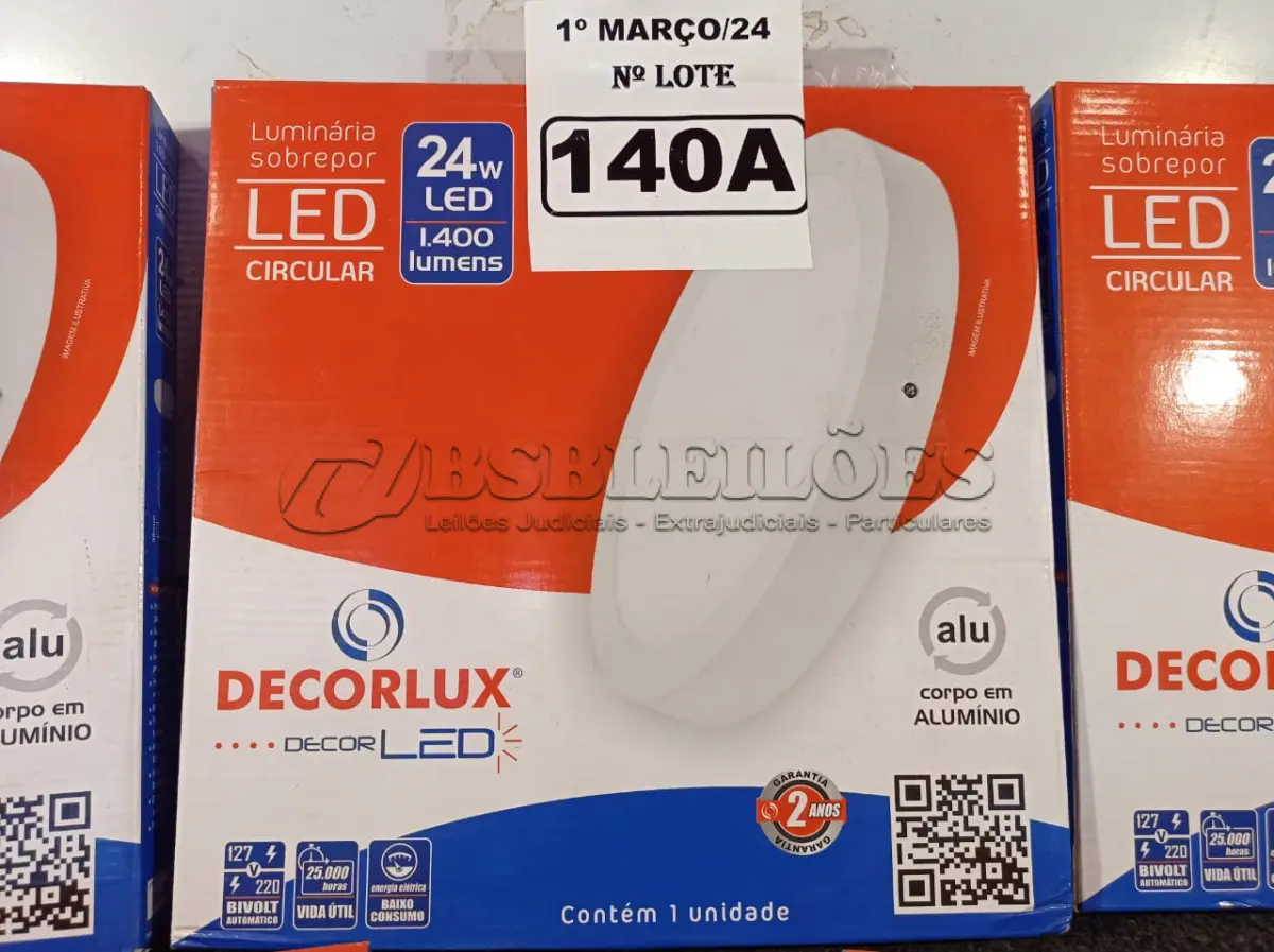 LOTE 140 - 05 LUMINÁRIAS DE SOBREPOR 220V CIRCULAR 24W LED 1,400 LUMENS MARCA DECORLUX.(NOVO) (NO ESTADO) ATENÇÃO! FAZER A VISITAÇÃO ANTES DE ARREMATAR, NÃO SABEMOS SE FUNCIONA. LEILÃO NÃO TEM GARANTIA E NEM DEVOLUÇÃO, SUJEITO A POSSÍVEIS AVARIAS VISÍVEIS/OCULTAS E/OU AUSÊNCIA DE COMPONENTES.