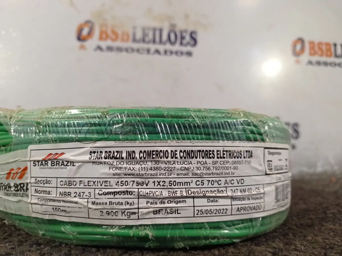 LOTE 260 - 01 ROLO DE CABO FLEXÍVEL 100M 1X2,5MM NA COR VERDE(NOVO). (NO ESTADO) ATENÇÃO! FAZER A VISITAÇÃO ANTES DE ARREMATAR, NÃO SABEMOS SE FUNCIONA. LEILÃO NÃO TEM GARANTIA E NEM DEVOLUÇÃO, SUJEITO A POSSÍVEIS AVARIAS VISÍVEIS/OCULTAS E/OU AUSÊNCIA DE COMPONENTES.
