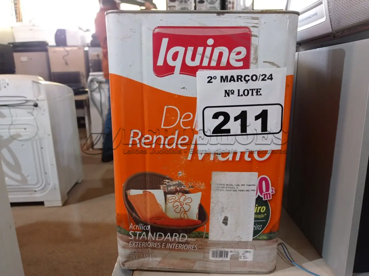 LOTE 211 - 01 LATA DE TINTA IQUINE DELANIL RENDE MUITO 18L FOSCO BASE “C”. (NO ESTADO) ATENÇÃO! FAZER A VISITAÇÃO ANTES DE ARREMATAR, NÃO SABEMOS SE FUNCIONA. LEILÃO NÃO TEM GARANTIA E NEM DEVOLUÇÃO, SUJEITO A POSSÍVEIS AVARIAS VISÍVEIS/OCULTAS E/OU AUSÊNCIA DE COMPONENTES.