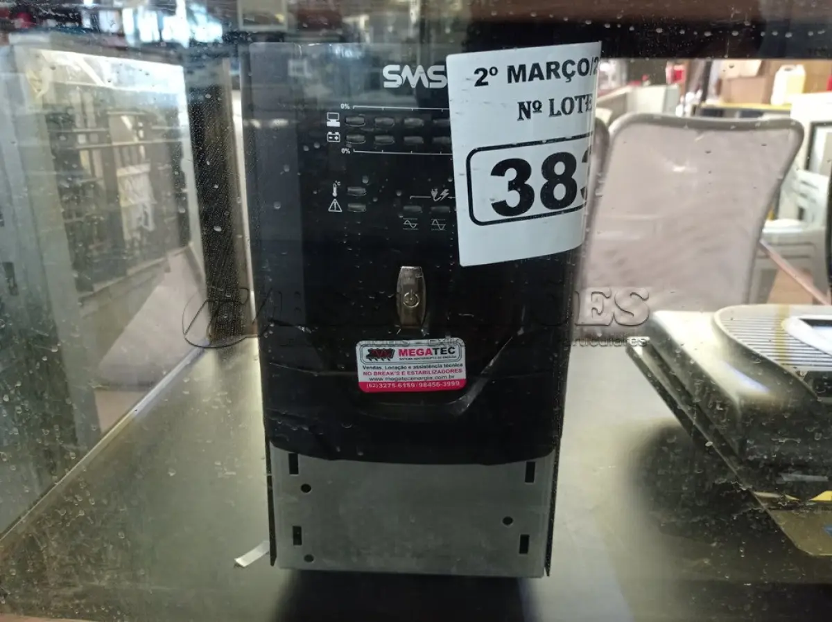LOTE 383 - 01 NOBREAK MARCA SMS 3000VA. (NO ESTADO) ATENÇÃO! FAZER A VISITAÇÃO ANTES DE ARREMATAR, NÃO SABEMOS SE FUNCIONA. LEILÃO NÃO TEM GARANTIA E NEM DEVOLUÇÃO, SUJEITO A POSSÍVEIS AVARIAS VISÍVEIS/OCULTAS E/OU AUSÊNCIA DE COMPONENTES.