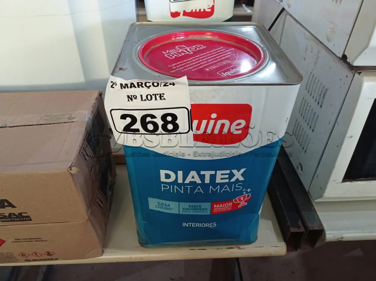 LOTE 268 - 01 LATA DE TINTA IQUINE DIATEX PINTA MAIS 18L FOSCO AVELUDADO NA COR PEROLA. (NO ESTADO) ATENÇÃO! FAZER A VISITAÇÃO ANTES DE ARREMATAR, NÃO SABEMOS SE FUNCIONA. LEILÃO NÃO TEM GARANTIA E NEM DEVOLUÇÃO, SUJEITO A POSSÍVEIS AVARIAS VISÍVEIS/OCULTAS E/OU AUSÊNCIA DE COMPONENTES.