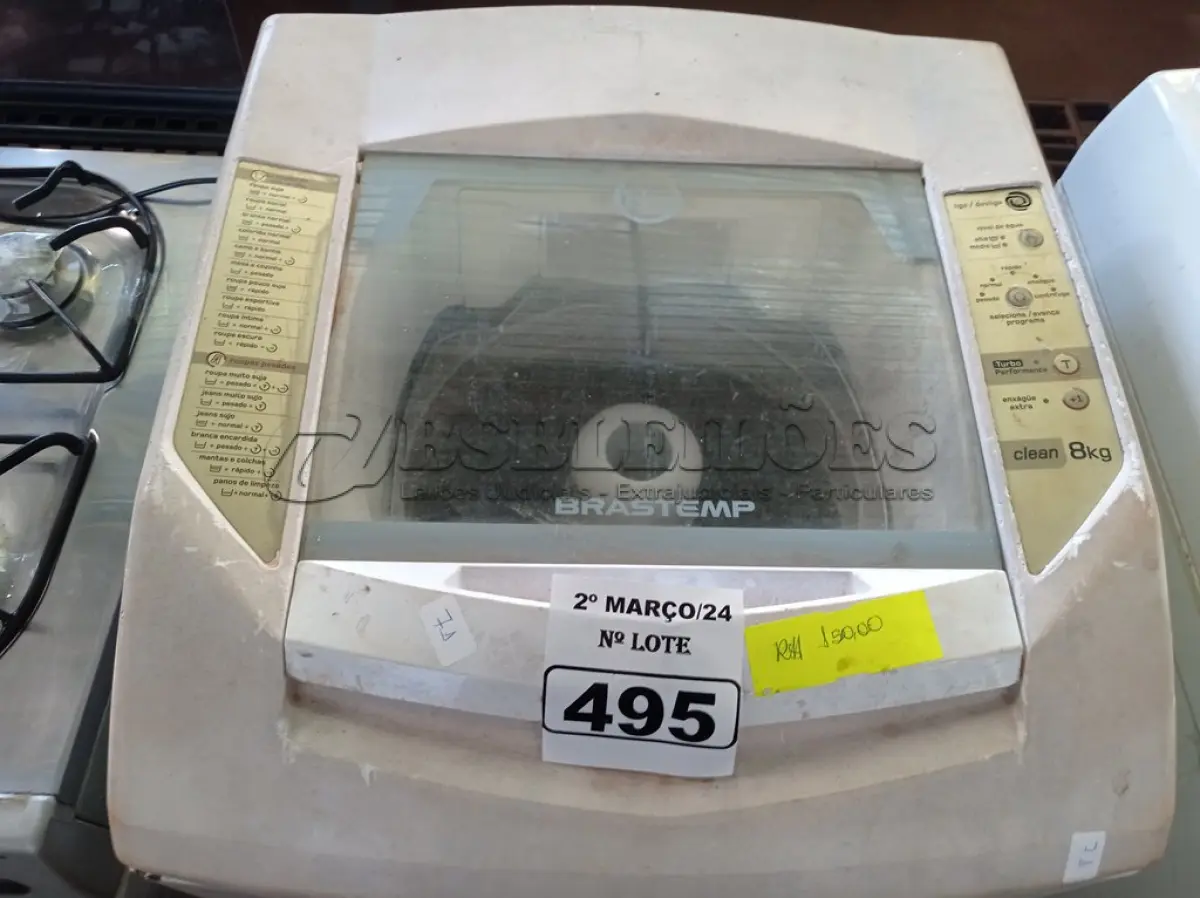 LOTE 495 - 01 MÁQUINA DE LAVAR ROUPAS MARCA BRASTEMP 08KG 220V. (NO ESTADO) ATENÇÃO! FAZER A VISITAÇÃO ANTES DE ARREMATAR, NÃO SABEMOS SE FUNCIONA. LEILÃO NÃO TEM GARANTIA E NEM DEVOLUÇÃO, SUJEITO A POSSÍVEIS AVARIAS VISÍVEIS/OCULTAS E/OU AUSÊNCIA DE COMPONENTES.