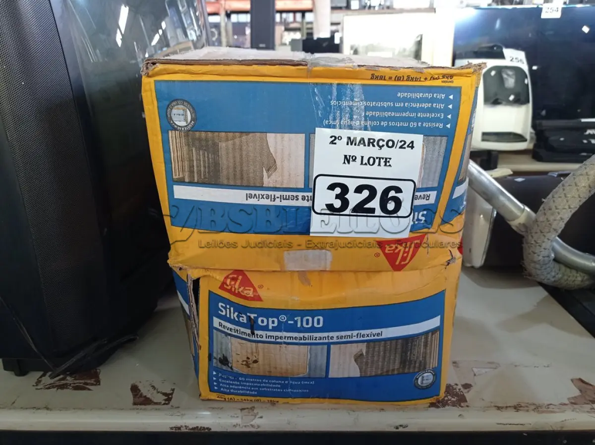 LOTE 326 - 02 CAIXAS DE SIKA TOP-100, REVESTIMENTO IMPERMEABILIZANTE SEMI-FLEXIVEL. (NO ESTADO) ATENÇÃO! FAZER A VISITAÇÃO ANTES DE ARREMATAR, NÃO SABEMOS SE FUNCIONA. LEILÃO NÃO TEM GARANTIA E NEM DEVOLUÇÃO, SUJEITO A POSSÍVEIS AVARIAS VISÍVEIS/OCULTAS E/OU AUSÊNCIA DE COMPONENTES.