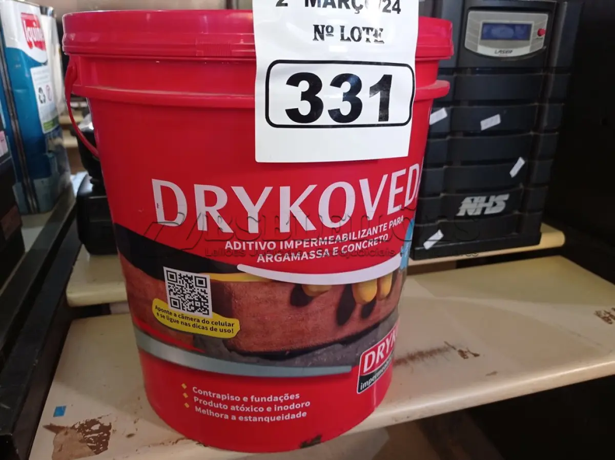 LOTE 331 - 01 BALDE DE DRYKOVEDA, ADITIVO IMPERMEABILIZANTE PARA CONCRETO E ARGAMASSA. (NO ESTADO) ATENÇÃO! FAZER A VISITAÇÃO ANTES DE ARREMATAR, NÃO SABEMOS SE FUNCIONA. LEILÃO NÃO TEM GARANTIA E NEM DEVOLUÇÃO, SUJEITO A POSSÍVEIS AVARIAS VISÍVEIS/OCULTAS E/OU AUSÊNCIA DE COMPONENTES.