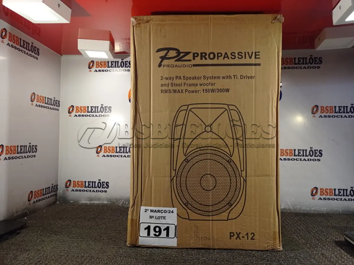 LOTE 191 - 01 CAIXA DE SOM PASSIVA PRO ÁUDIO PX-12. (NO ESTADO) ATENÇÃO! FAZER A VISITAÇÃO ANTES DE ARREMATAR, NÃO SABEMOS SE FUNCIONA. LEILÃO NÃO TEM GARANTIA E NEM DEVOLUÇÃO, SUJEITO A POSSÍVEIS AVARIAS VISÍVEIS/OCULTAS E/OU AUSÊNCIA DE COMPONENTES.