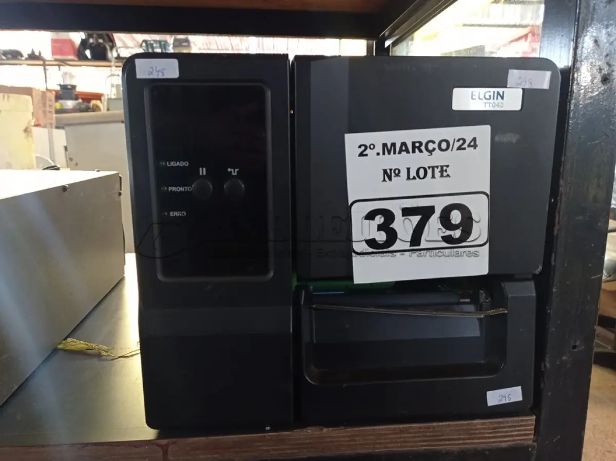 LOTE 379 - 01 IMPRESSORA DE ETIQUETAS MARCA ELGIN. (NO ESTADO) ATENÇÃO! FAZER A VISITAÇÃO ANTES DE ARREMATAR, NÃO SABEMOS SE FUNCIONA. LEILÃO NÃO TEM GARANTIA E NEM DEVOLUÇÃO, SUJEITO A POSSÍVEIS AVARIAS VISÍVEIS/OCULTAS E/OU AUSÊNCIA DE COMPONENTES.