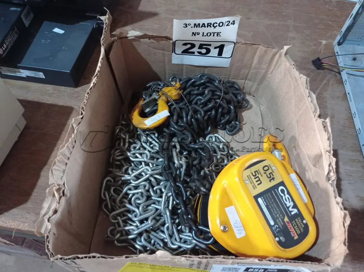 LOTE 251 - 01 TALHA MANUAL DE CORRENTE 1T 5M DE ELEVAÇÃO CSM. (NO ESTADO) ATENÇÃO! FAZER A VISITAÇÃO ANTES DE ARREMATAR, NÃO SABEMOS SE FUNCIONA. LEILÃO NÃO TEM GARANTIA E NEM DEVOLUÇÃO, SUJEITO A POSSÍVEIS AVARIAS VISÍVEIS/OCULTAS E/OU AUSÊNCIA DE COMPONENTES.