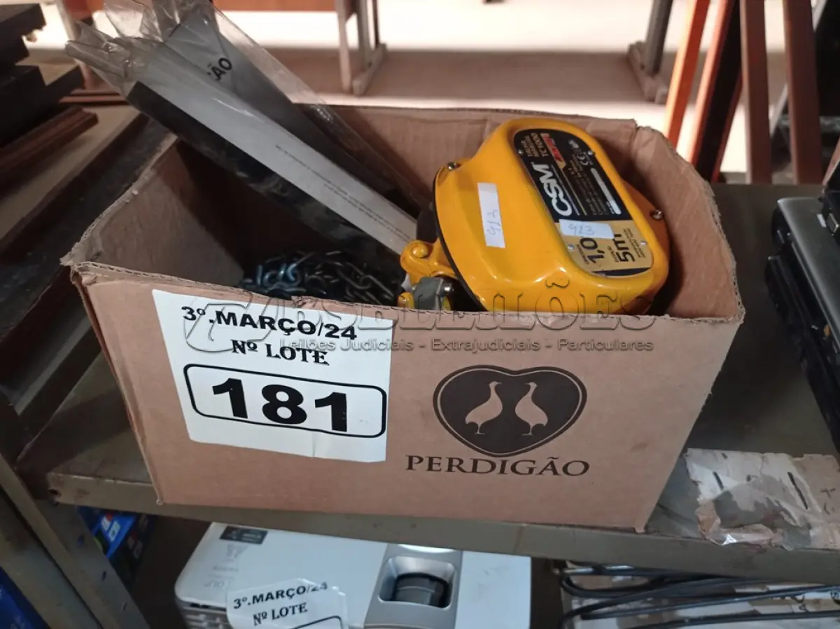 LOTE 181 - 01 TALHA MANUAL DE CORRENTE 1T 5M DE ELEVAÇÃO CSM. (NO ESTADO) ATENÇÃO! FAZER A VISITAÇÃO ANTES DE ARREMATAR, NÃO SABEMOS SE FUNCIONA. LEILÃO NÃO TEM GARANTIA E NEM DEVOLUÇÃO, SUJEITO A POSSÍVEIS AVARIAS VISÍVEIS/OCULTAS E/OU AUSÊNCIA DE COMPONENTES.