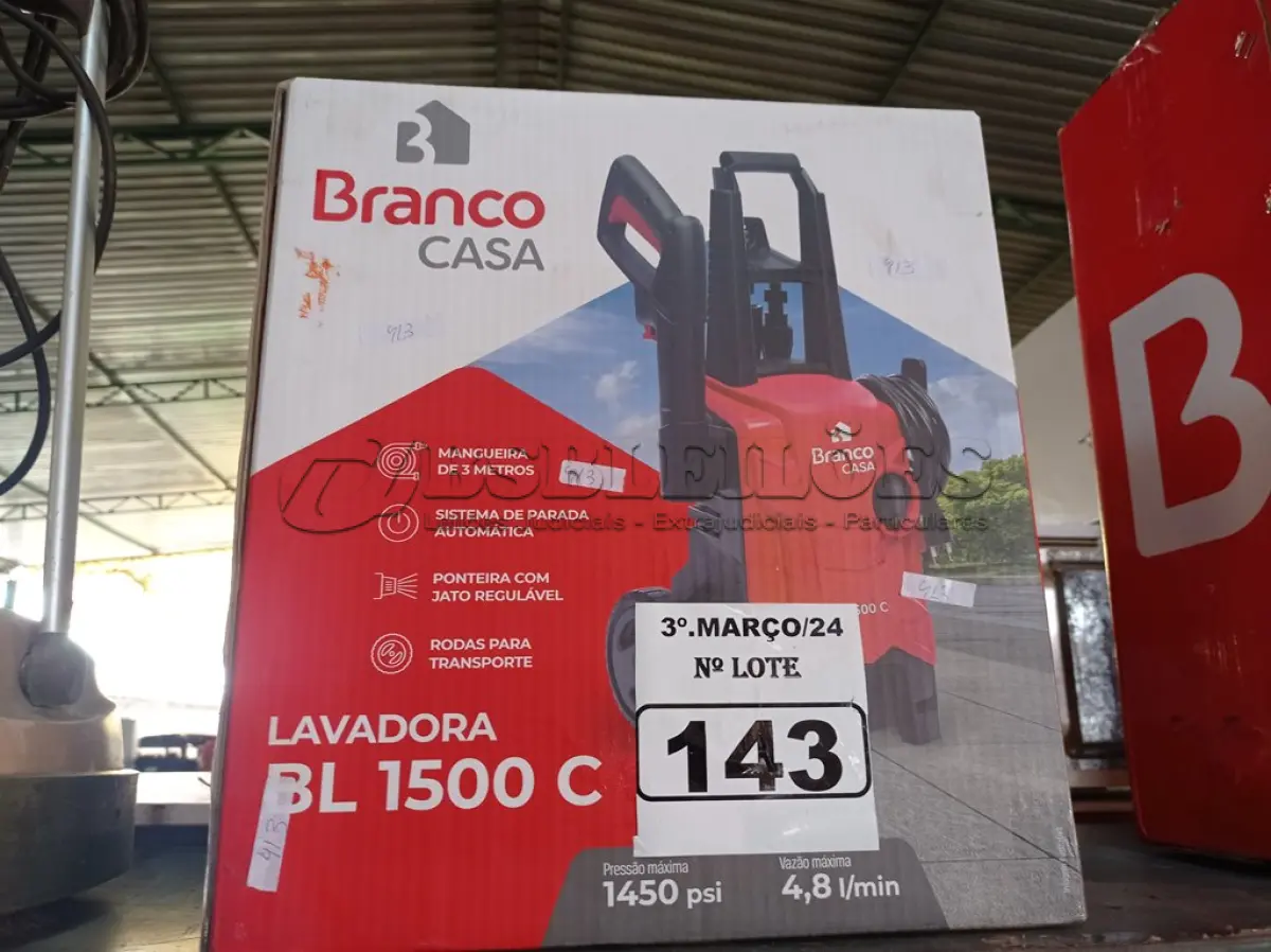 LOTE 143 - 01 LAVADORA DE ALTA PRESSÃO 1500W 220V MARCA BRANCO. (NO ESTADO) ATENÇÃO! FAZER A VISITAÇÃO ANTES DE ARREMATAR, NÃO SABEMOS SE FUNCIONA. LEILÃO NÃO TEM GARANTIA E NEM DEVOLUÇÃO, SUJEITO A POSSÍVEIS AVARIAS VISÍVEIS/OCULTAS E/OU AUSÊNCIA DE COMPONENTES.