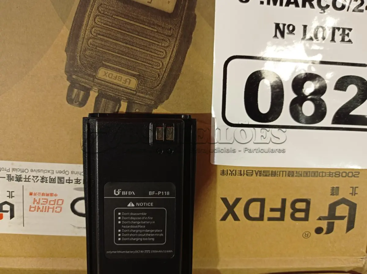 LOTE 082 - 12 BATERIAS PARA RÁDIO COMUNICADOR MODELO BF P-118. (NO ESTADO) ATENÇÃO! FAZER A VISITAÇÃO ANTES DE ARREMATAR, NÃO SABEMOS SE FUNCIONA. LEILÃO NÃO TEM GARANTIA E NEM DEVOLUÇÃO, SUJEITO A POSSÍVEIS AVARIAS VISÍVEIS/OCULTAS E/OU AUSÊNCIA DE COMPONENTES.