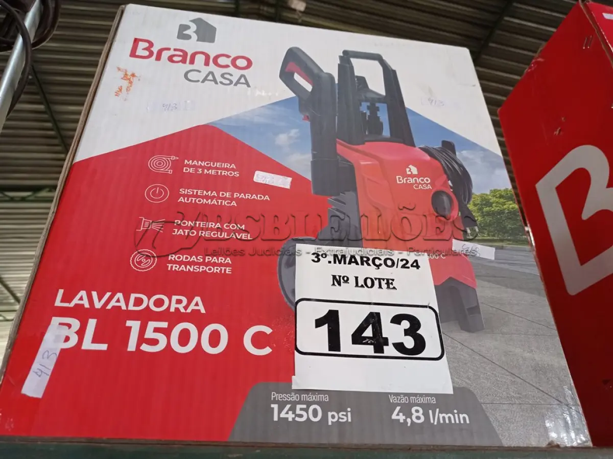 LOTE 143 - 01 LAVADORA DE ALTA PRESSÃO 1500W 220V MARCA BRANCO. (NO ESTADO) ATENÇÃO! FAZER A VISITAÇÃO ANTES DE ARREMATAR, NÃO SABEMOS SE FUNCIONA. LEILÃO NÃO TEM GARANTIA E NEM DEVOLUÇÃO, SUJEITO A POSSÍVEIS AVARIAS VISÍVEIS/OCULTAS E/OU AUSÊNCIA DE COMPONENTES.