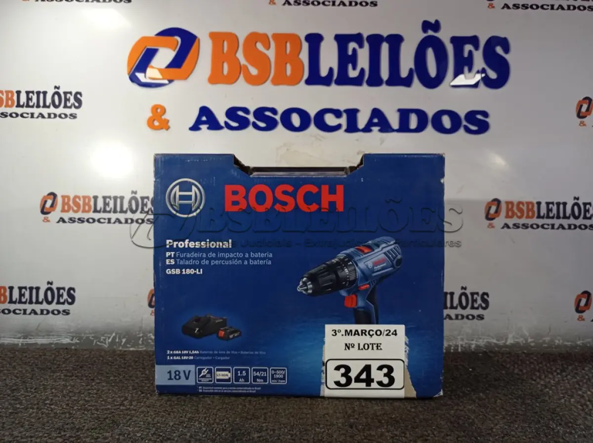 LOTE 343 - 01 FURADEIRA DE IMPACTO PROFISSIONAL A BATERIA MODELO:GSB180-LI220V 710W MARCA BOSCH. (NOVO) (NO ESTADO) ATENÇÃO! FAZER A VISITAÇÃO ANTES DE ARREMATAR, NÃO SABEMOS SE FUNCIONA. LEILÃO NÃO TEM GARANTIA E NEM DEVOLUÇÃO, SUJEITO A POSSÍVEIS AVARIAS VISÍVEIS/OCULTAS E/OU AUSÊNCIA DE COMPONENTES.