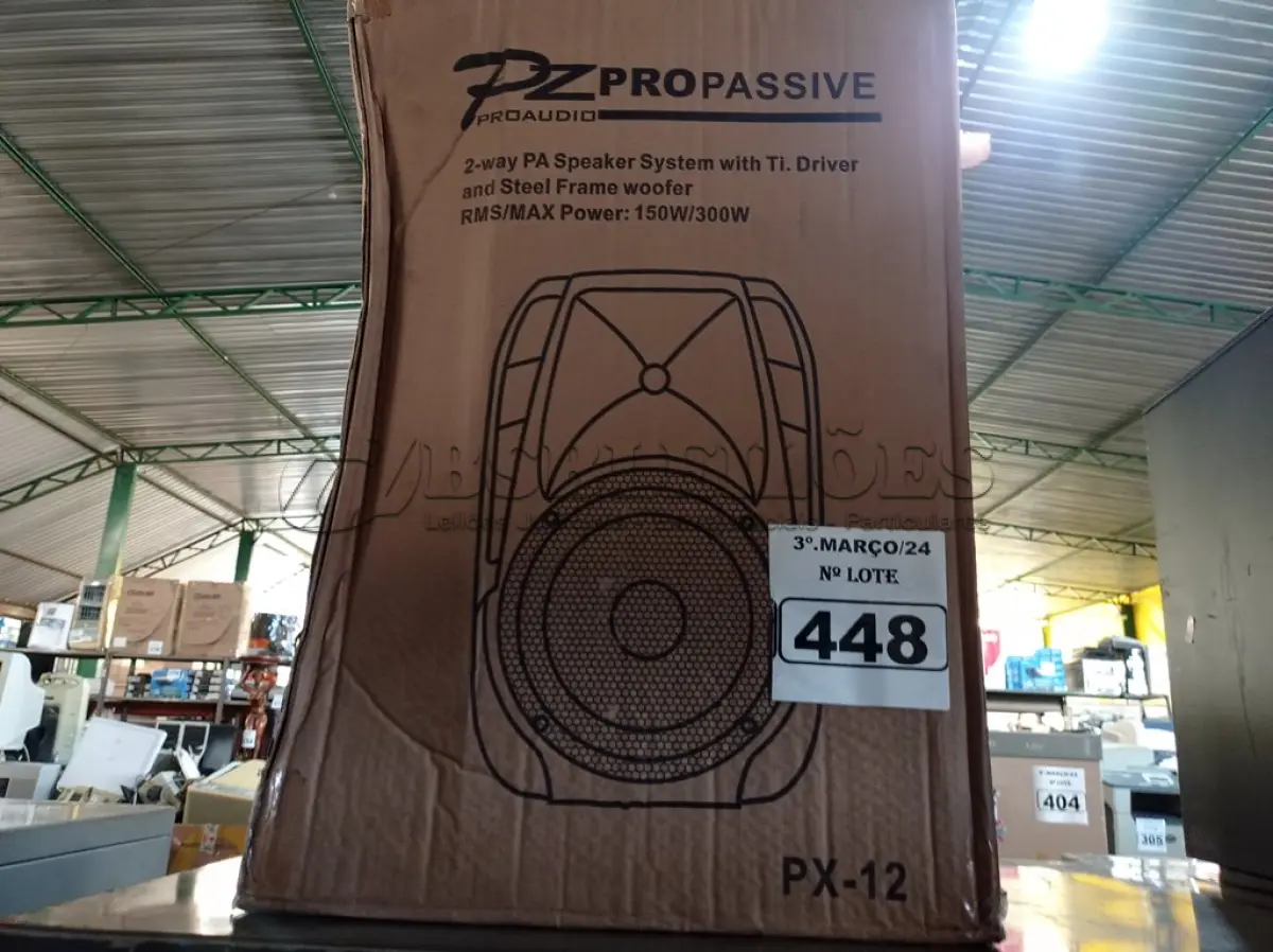 LOTE 448 - 01 CAIXA DE SOM PZ PROPASSIVE PRO ÁUDIO PX-12 (NOVA). (NO ESTADO) ATENÇÃO! FAZER A VISITAÇÃO ANTES DE ARREMATAR, NÃO SABEMOS SE FUNCIONA. LEILÃO NÃO TEM GARANTIA E NEM DEVOLUÇÃO, SUJEITO A POSSÍVEIS AVARIAS VISÍVEIS/OCULTAS E/OU AUSÊNCIA DE COMPONENTES.