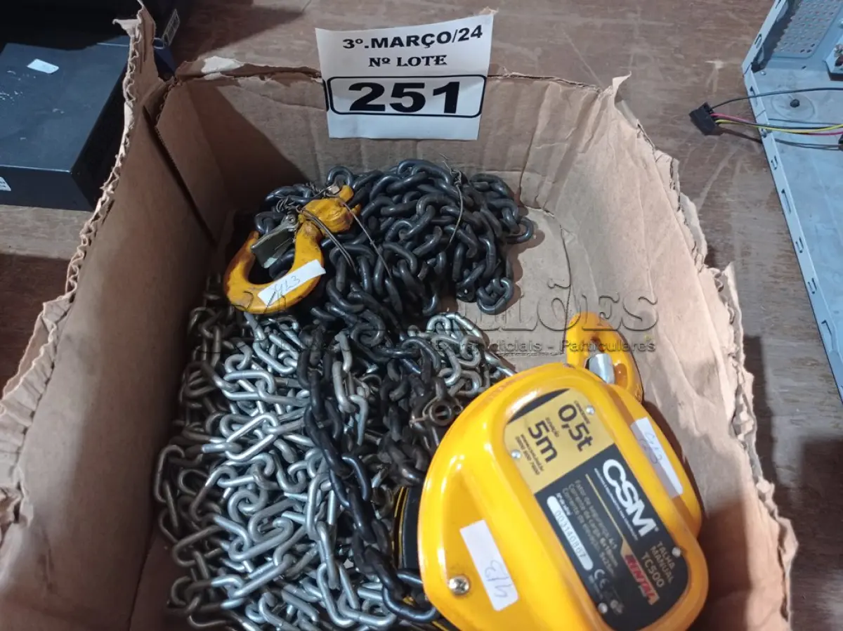 LOTE 251 - 01 TALHA MANUAL DE CORRENTE 1T 5M DE ELEVAÇÃO CSM. (NO ESTADO) ATENÇÃO! FAZER A VISITAÇÃO ANTES DE ARREMATAR, NÃO SABEMOS SE FUNCIONA. LEILÃO NÃO TEM GARANTIA E NEM DEVOLUÇÃO, SUJEITO A POSSÍVEIS AVARIAS VISÍVEIS/OCULTAS E/OU AUSÊNCIA DE COMPONENTES.