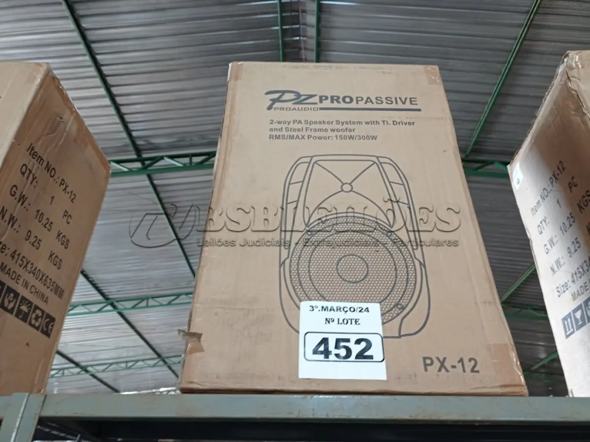LOTE 452 - 01 CAIXA DE SOM PZ PROPASSIVE PRO ÁUDIO PX-12 (NOVA). (NO ESTADO) ATENÇÃO! FAZER A VISITAÇÃO ANTES DE ARREMATAR, NÃO SABEMOS SE FUNCIONA. LEILÃO NÃO TEM GARANTIA E NEM DEVOLUÇÃO, SUJEITO A POSSÍVEIS AVARIAS VISÍVEIS/OCULTAS E/OU AUSÊNCIA DE COMPONENTES.