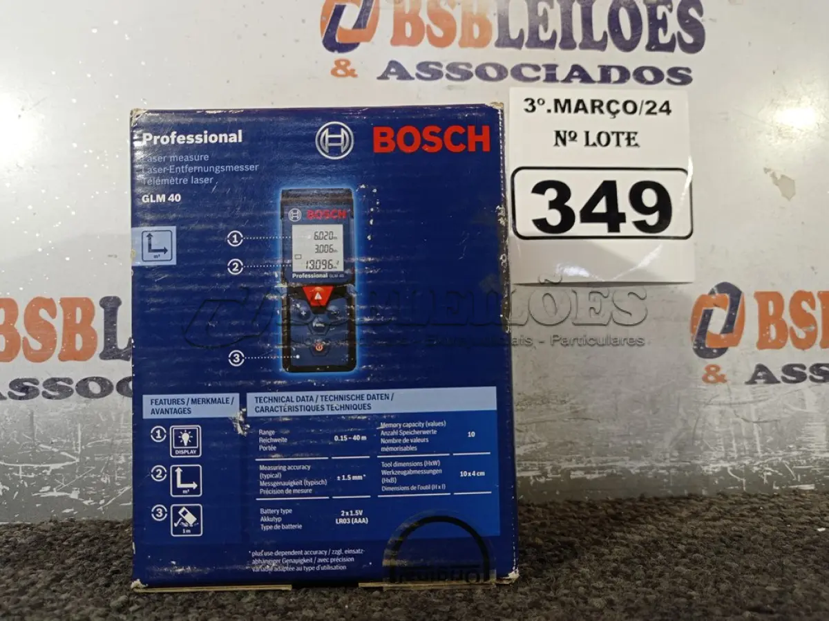 LOTE 349 - 01 TRENA A LASER GLM 40 MARCA BOSCH. (NOVO). (NO ESTADO) ATENÇÃO! FAZER A VISITAÇÃO ANTES DE ARREMATAR, NÃO SABEMOS SE FUNCIONA. LEILÃO NÃO TEM GARANTIA E NEM DEVOLUÇÃO, SUJEITO A POSSÍVEIS AVARIAS VISÍVEIS/OCULTAS E/OU AUSÊNCIA DE COMPONENTES.