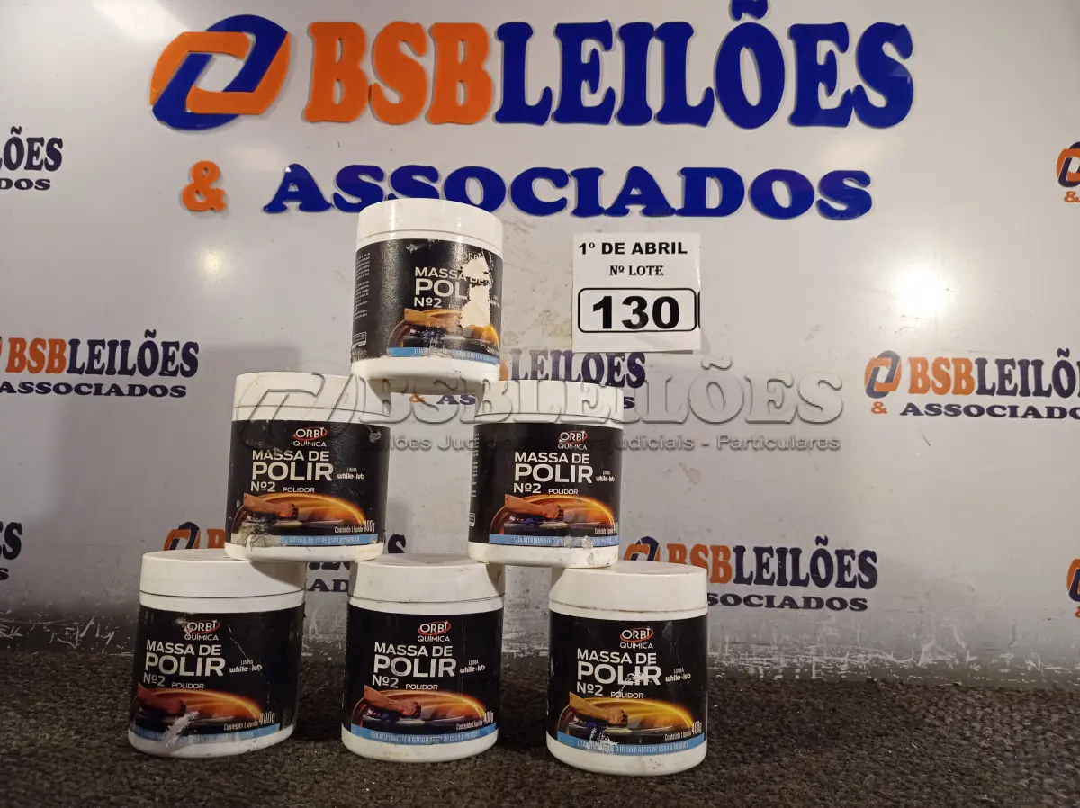 LOTE 130 - 06 LATAS DE MASSA DE POLIR Nº2 400G. (NO ESTADO) ATENÇÃO! FAZER A VISITAÇÃO ANTES DE ARREMATAR, NÃO SABEMOS SE FUNCIONA. LEILÃO NÃO TEM GARANTIA E NEM DEVOLUÇÃO, SUJEITO A POSSÍVEIS AVARIAS VISÍVEIS/OCULTAS E/OU AUSÊNCIA DE COMPONENTES.