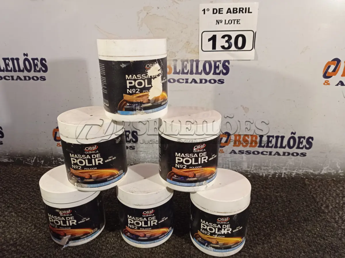 LOTE 130 - 06 LATAS DE MASSA DE POLIR Nº2 400G. (NO ESTADO) ATENÇÃO! FAZER A VISITAÇÃO ANTES DE ARREMATAR, NÃO SABEMOS SE FUNCIONA. LEILÃO NÃO TEM GARANTIA E NEM DEVOLUÇÃO, SUJEITO A POSSÍVEIS AVARIAS VISÍVEIS/OCULTAS E/OU AUSÊNCIA DE COMPONENTES.