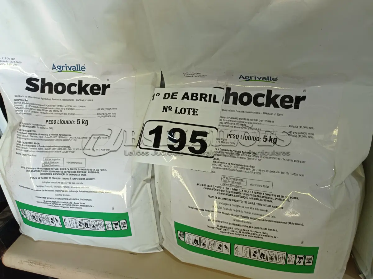 LOTE 195 - 15KG DE FUNGICIDA MICROBIOLÓGICO AGRIVALLE SHOCKER. (NO ESTADO) ATENÇÃO! FAZER A VISITAÇÃO ANTES DE ARREMATAR, NÃO SABEMOS SE FUNCIONA. LEILÃO NÃO TEM GARANTIA E NEM DEVOLUÇÃO, SUJEITO A POSSÍVEIS AVARIAS VISÍVEIS/OCULTAS E/OU AUSÊNCIA DE COMPONENTES.
