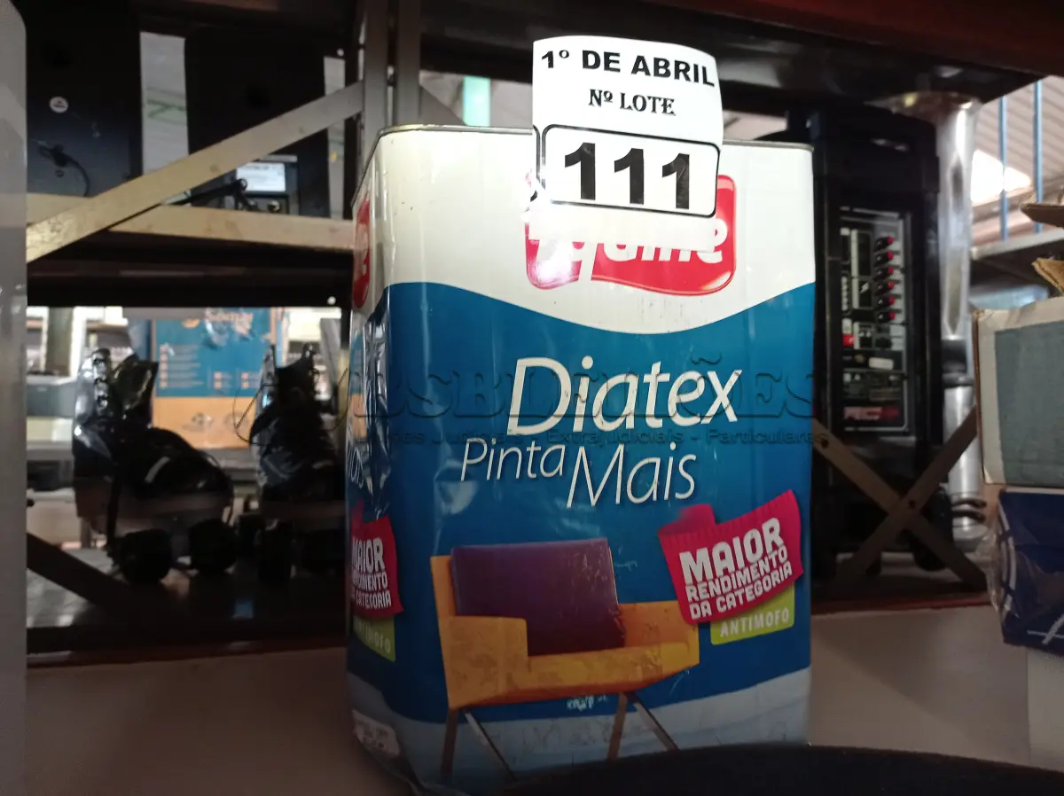 LOTE 111 - 01 LATA DE TINTA IQUINE DIATEX PINTA MAIS 18L FOSCO BASE “P”. (NO ESTADO) ATENÇÃO! FAZER A VISITAÇÃO ANTES DE ARREMATAR, NÃO SABEMOS SE FUNCIONA. LEILÃO NÃO TEM GARANTIA E NEM DEVOLUÇÃO, SUJEITO A POSSÍVEIS AVARIAS VISÍVEIS/OCULTAS E/OU AUSÊNCIA DE COMPONENTES.
